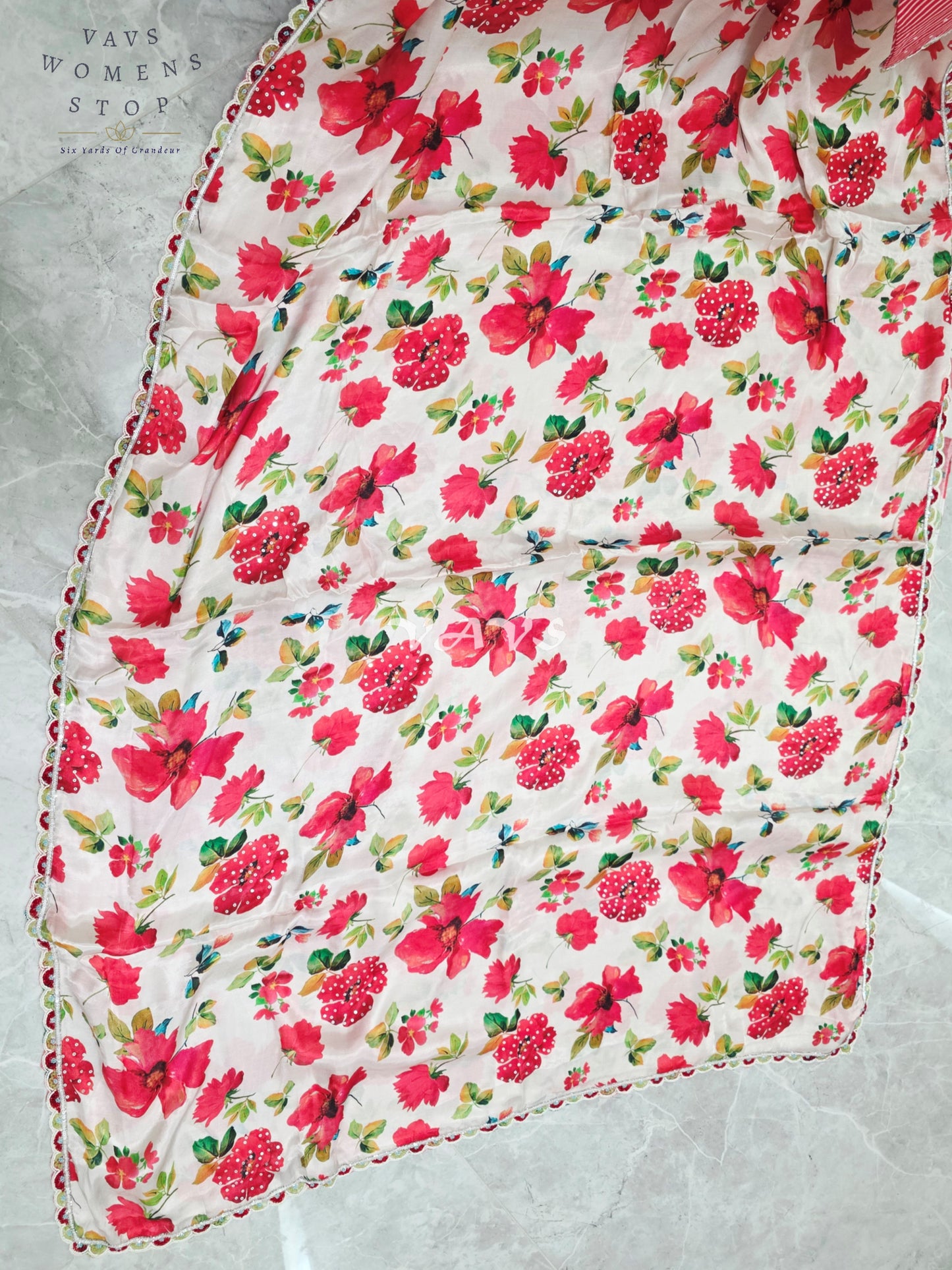 Royal Ivory Blush Pure Crepe Floral Print Saree with Vermilion Rose Red Striped Blouse & Scalloped Lace Border