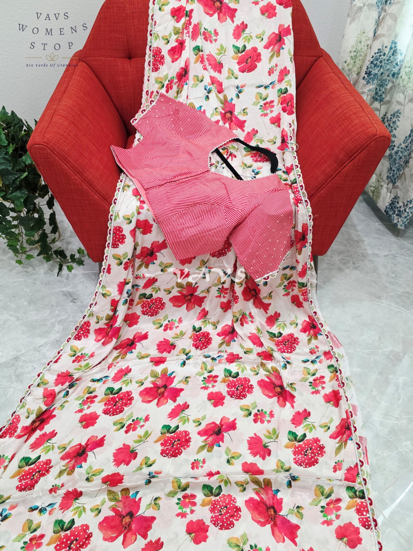 Royal Ivory Blush Pure Crepe Floral Print Saree with Vermilion Rose Red Striped Blouse & Scalloped Lace Border
