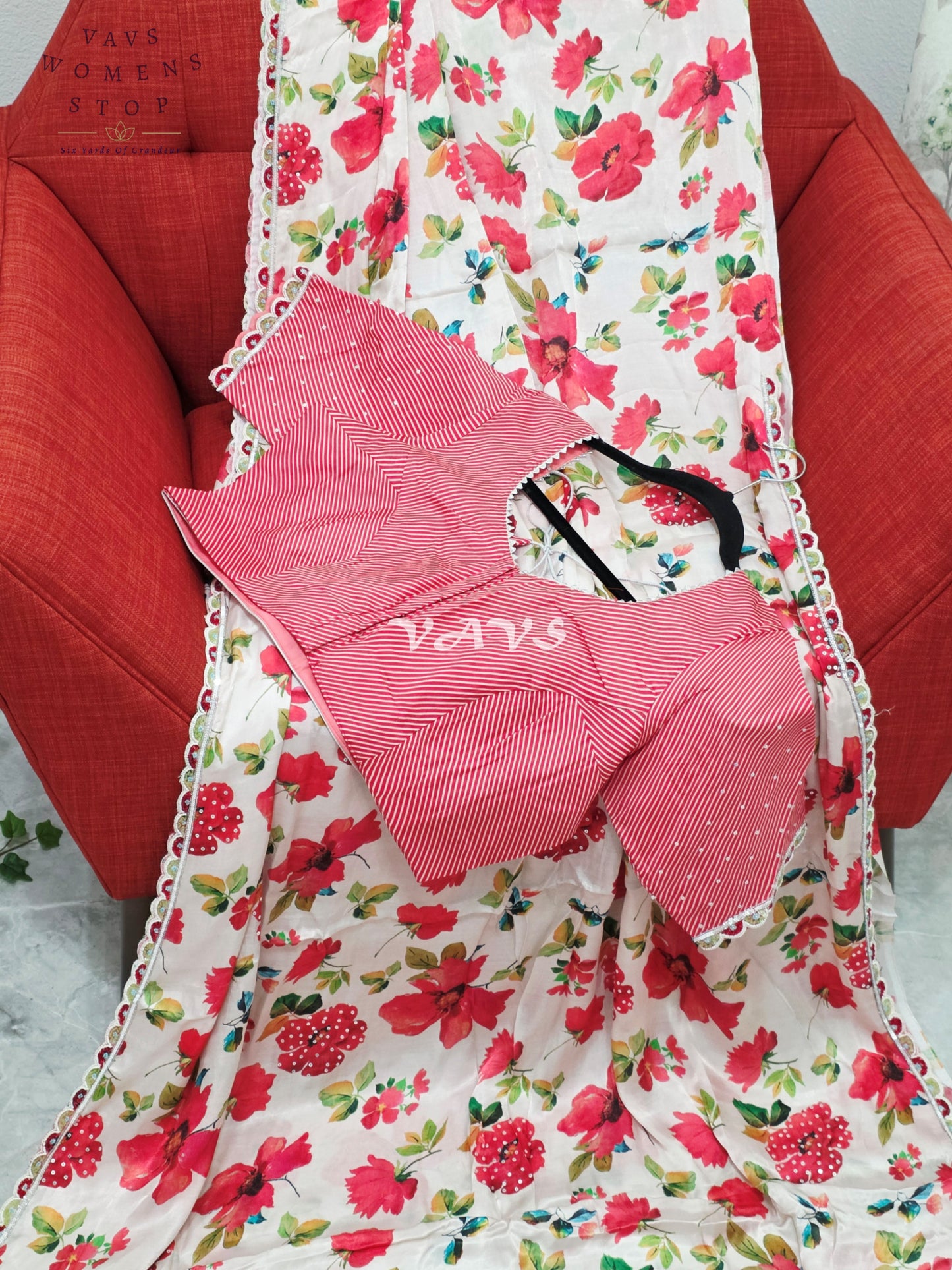 Royal Ivory Blush Pure Crepe Floral Print Saree with Vermilion Rose Red Striped Blouse & Scalloped Lace Border