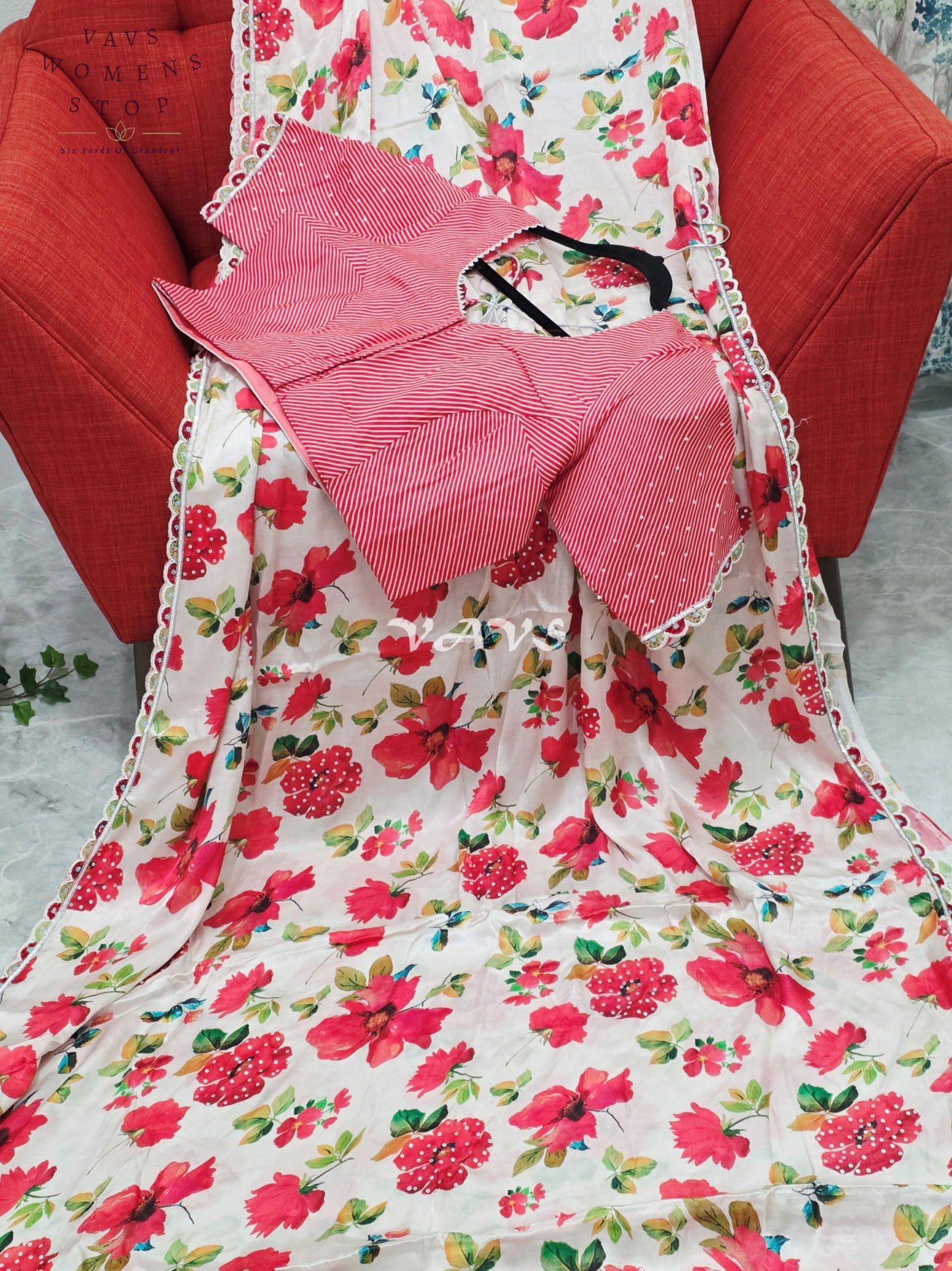 Royal Ivory Blush Pure Crepe Floral Print Saree with Vermilion Rose Red Striped Blouse & Scalloped Lace Border