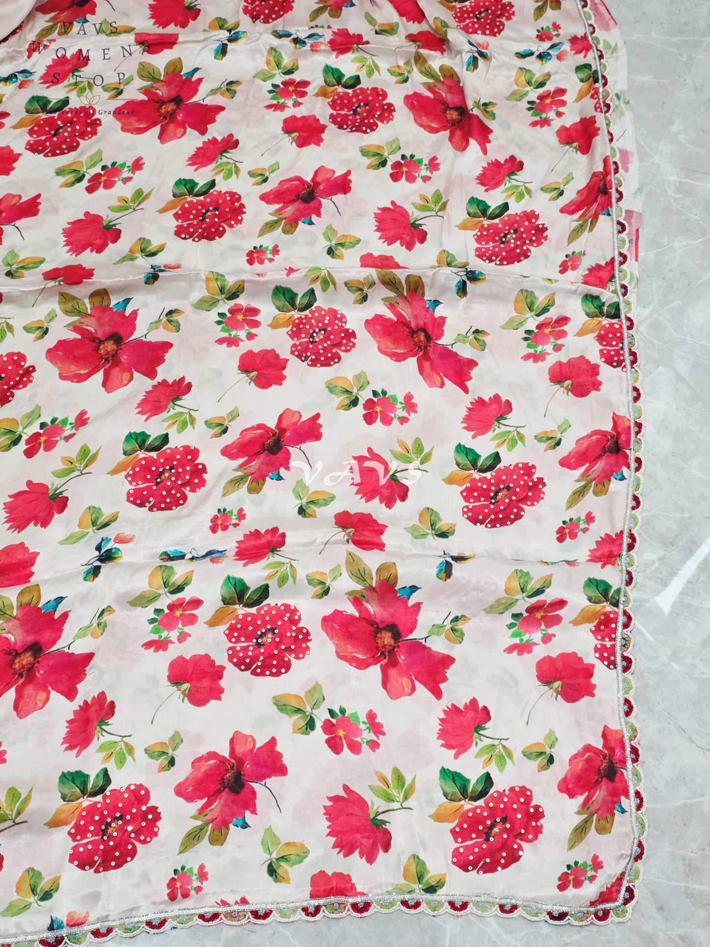 Royal Ivory Blush Pure Crepe Floral Print Saree with Vermilion Rose Red Striped Blouse & Scalloped Lace Border