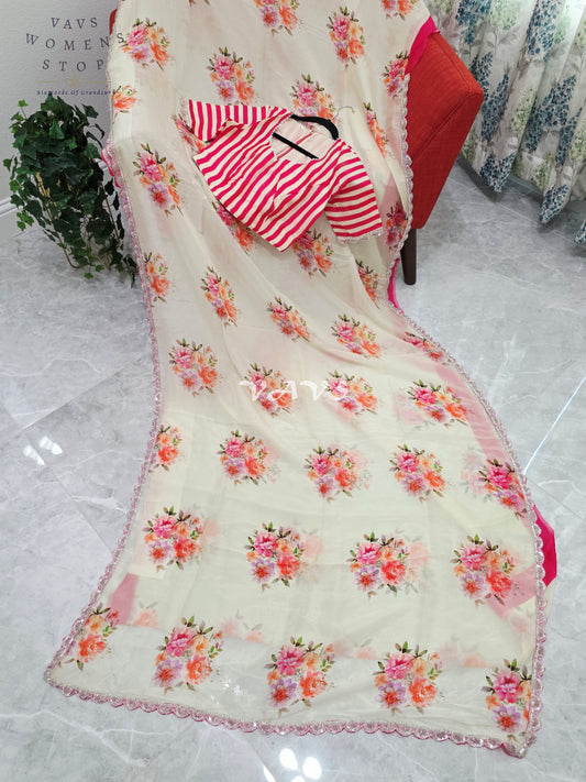 Royal Ivory Cream Pure Crepe Organza Floral Saree with Fuchsia Pink Striped Blouse & Scalloped Lace Border