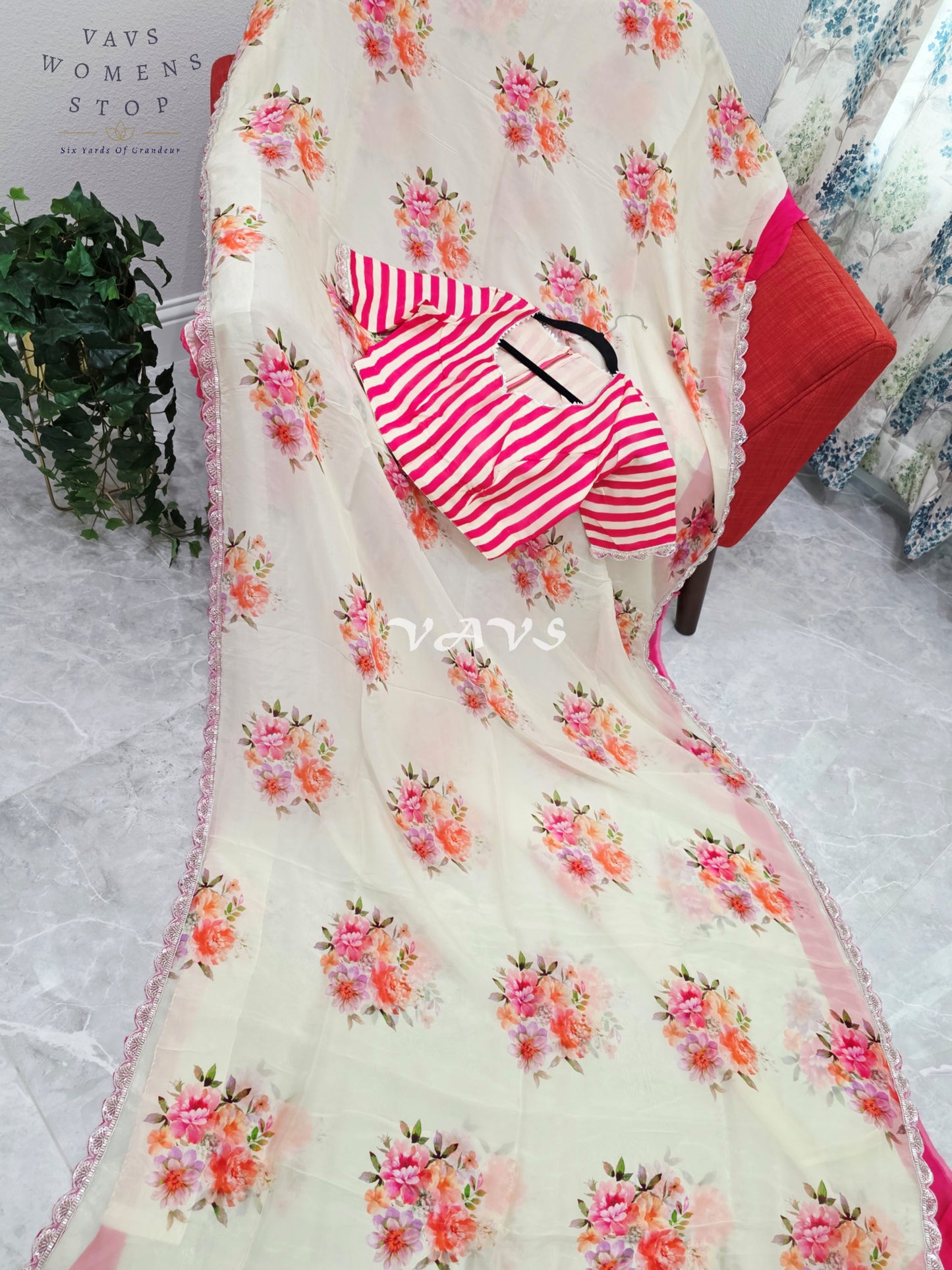 Royal Ivory Cream Pure Crepe Organza Floral Saree with Fuchsia Pink Striped Blouse & Scalloped Lace Border