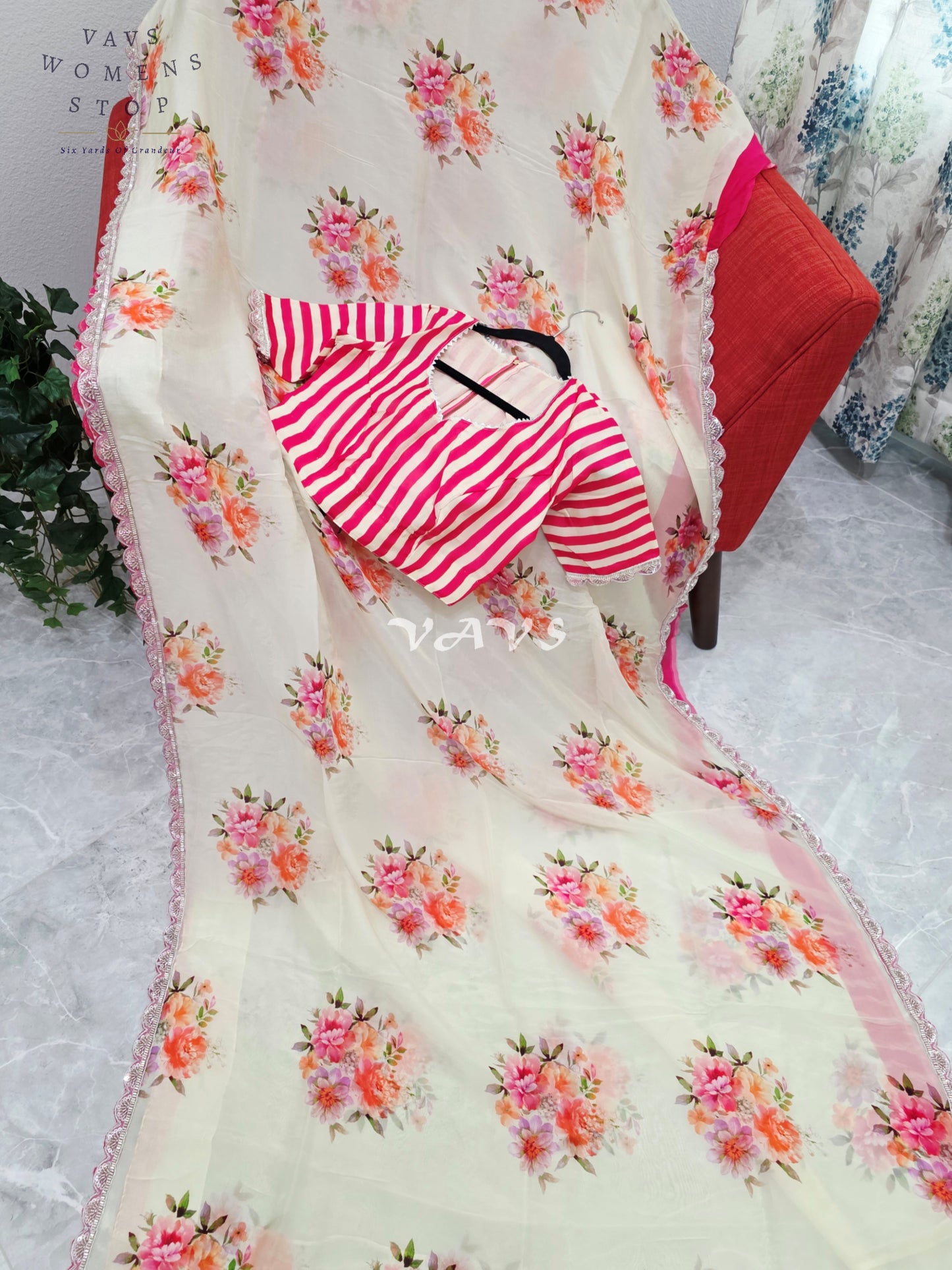 Royal Ivory Cream Pure Crepe Organza Floral Saree with Fuchsia Pink Striped Blouse & Scalloped Lace Border