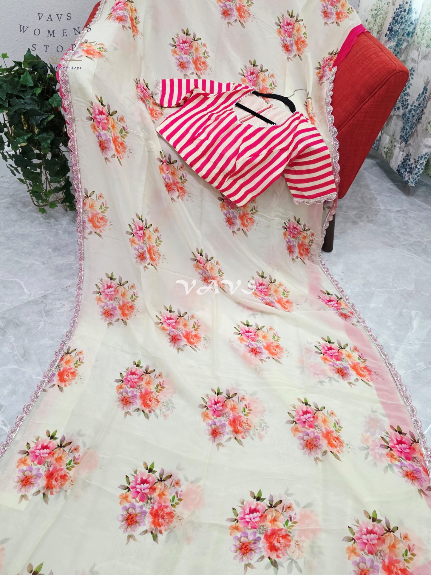 Royal Ivory Cream Pure Crepe Organza Floral Saree with Fuchsia Pink Striped Blouse & Scalloped Lace Border