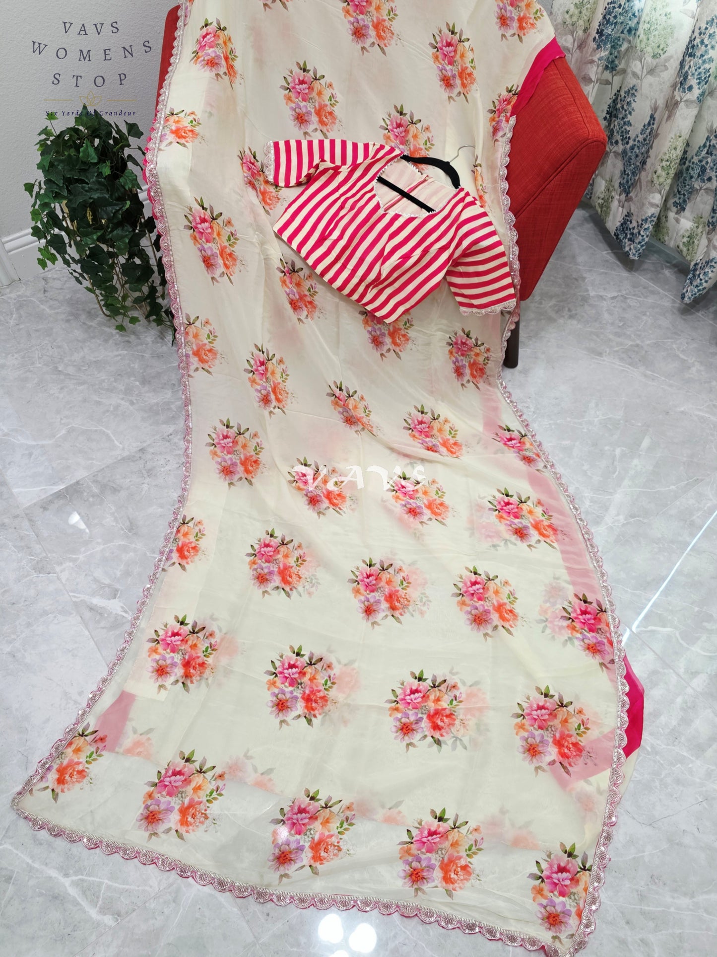 Royal Ivory Cream Pure Crepe Organza Floral Saree with Fuchsia Pink Striped Blouse & Scalloped Lace Border