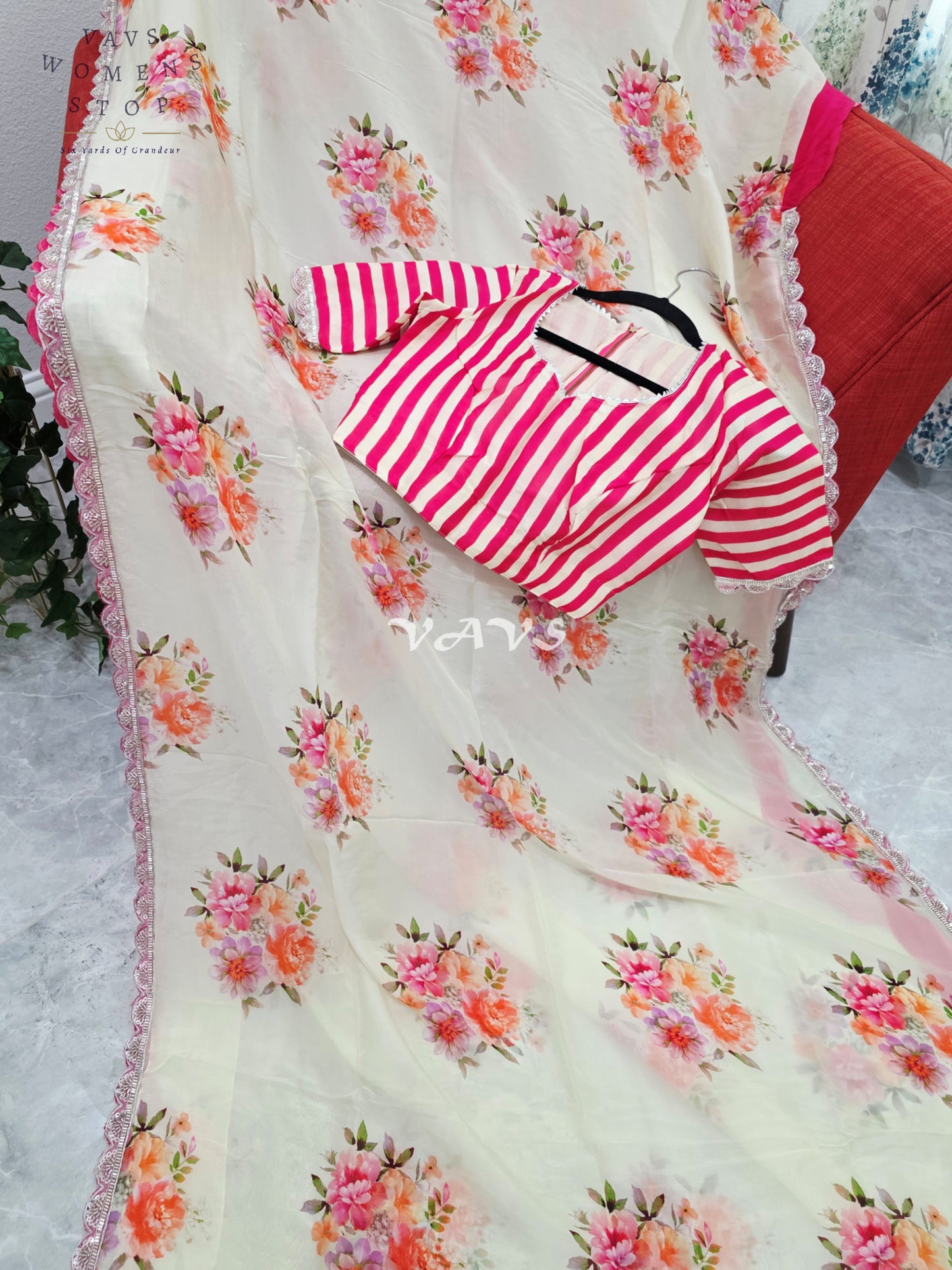 Royal Ivory Cream Pure Crepe Organza Floral Saree with Fuchsia Pink Striped Blouse & Scalloped Lace Border