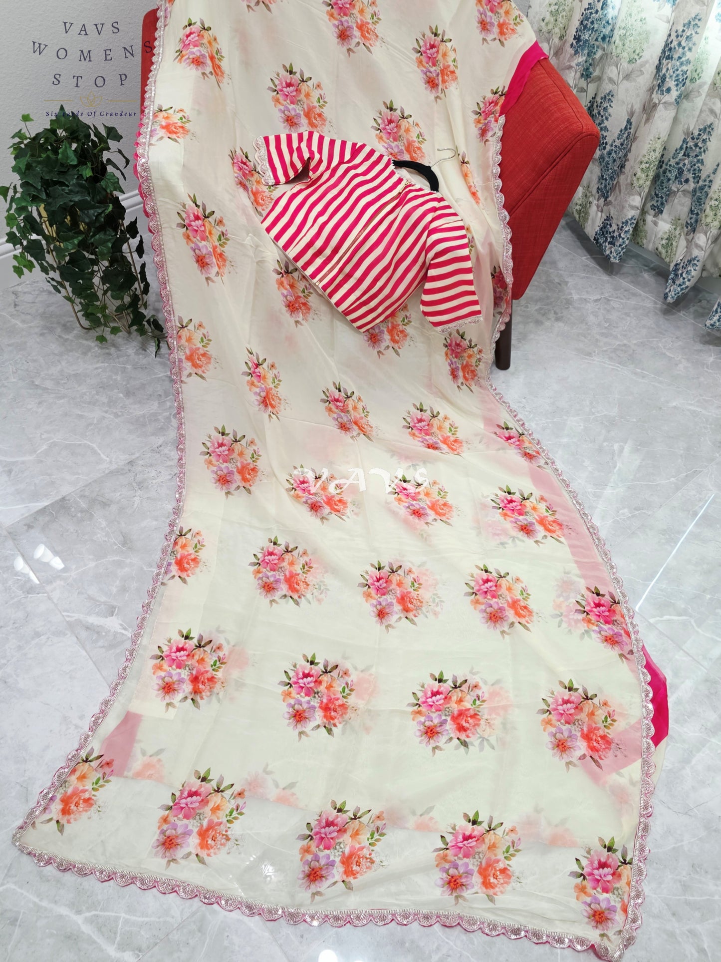 Royal Ivory Cream Pure Crepe Organza Floral Saree with Fuchsia Pink Striped Blouse & Scalloped Lace Border