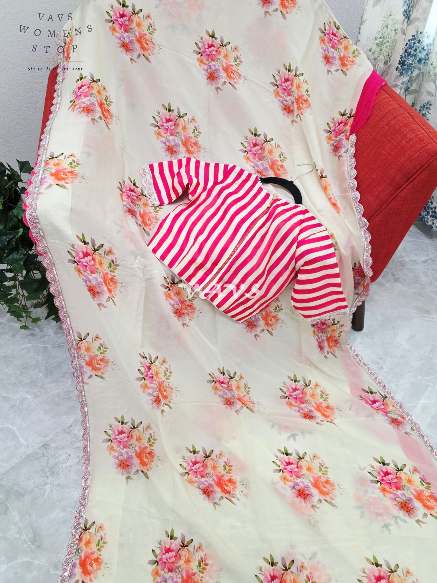Royal Ivory Cream Pure Crepe Organza Floral Saree with Fuchsia Pink Striped Blouse & Scalloped Lace Border