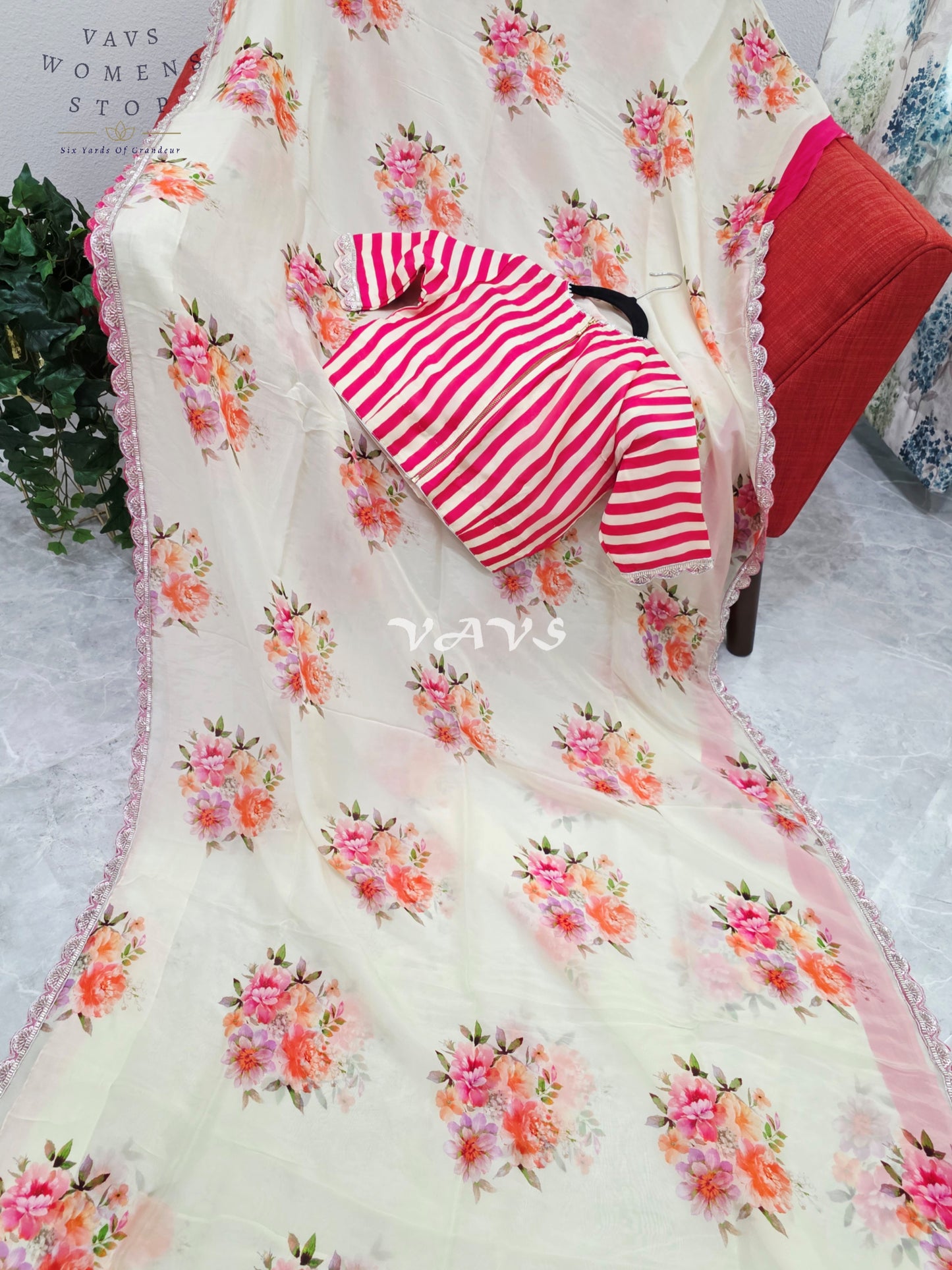 Royal Ivory Cream Pure Crepe Organza Floral Saree with Fuchsia Pink Striped Blouse & Scalloped Lace Border