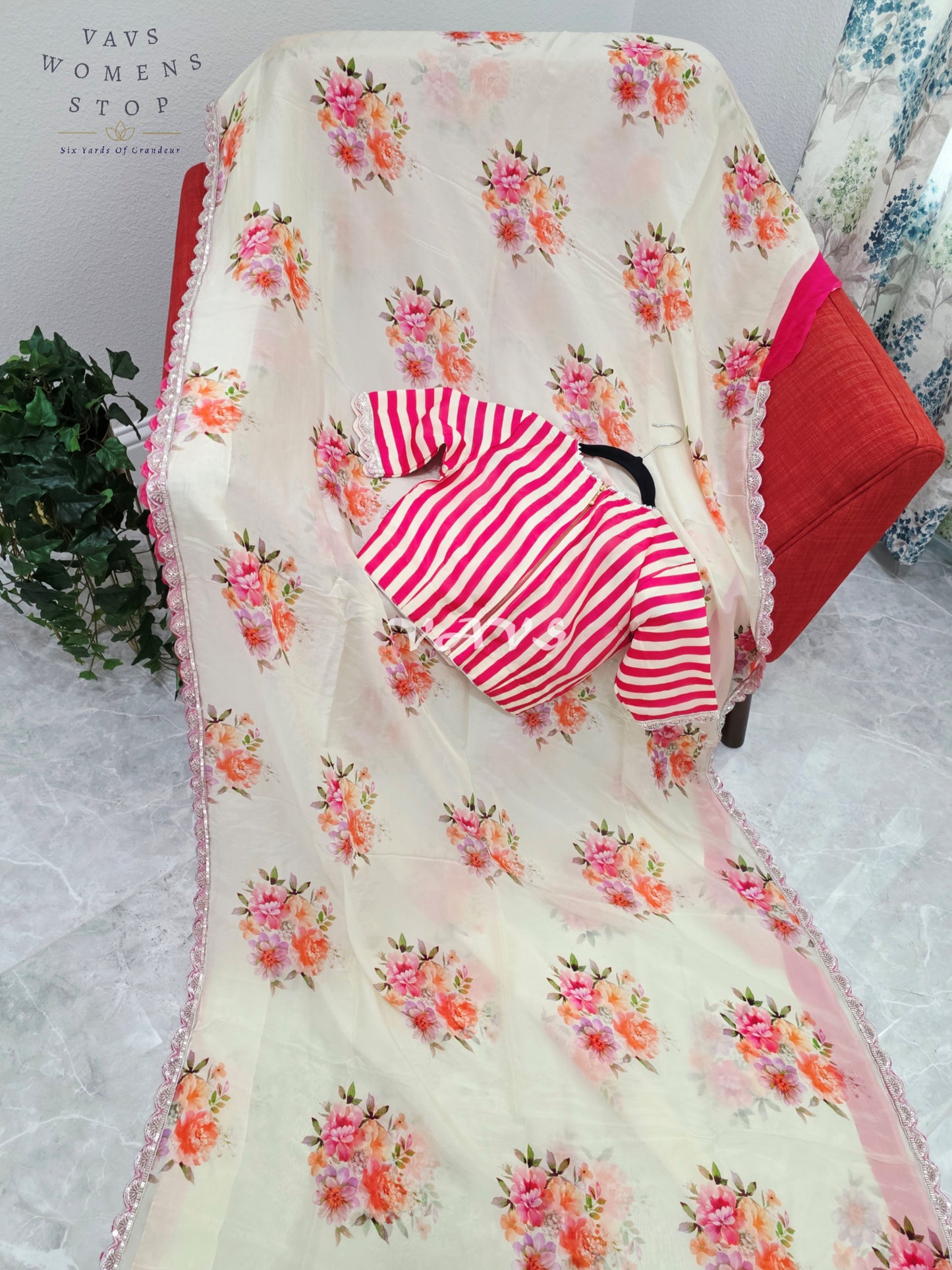Royal Ivory Cream Pure Crepe Organza Floral Saree with Fuchsia Pink Striped Blouse & Scalloped Lace Border