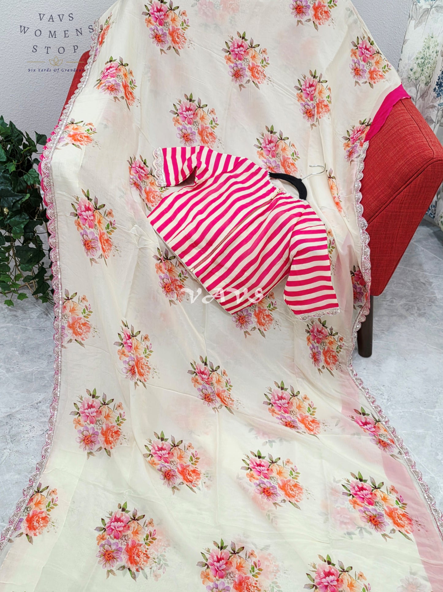 Royal Ivory Cream Pure Crepe Organza Floral Saree with Fuchsia Pink Striped Blouse & Scalloped Lace Border