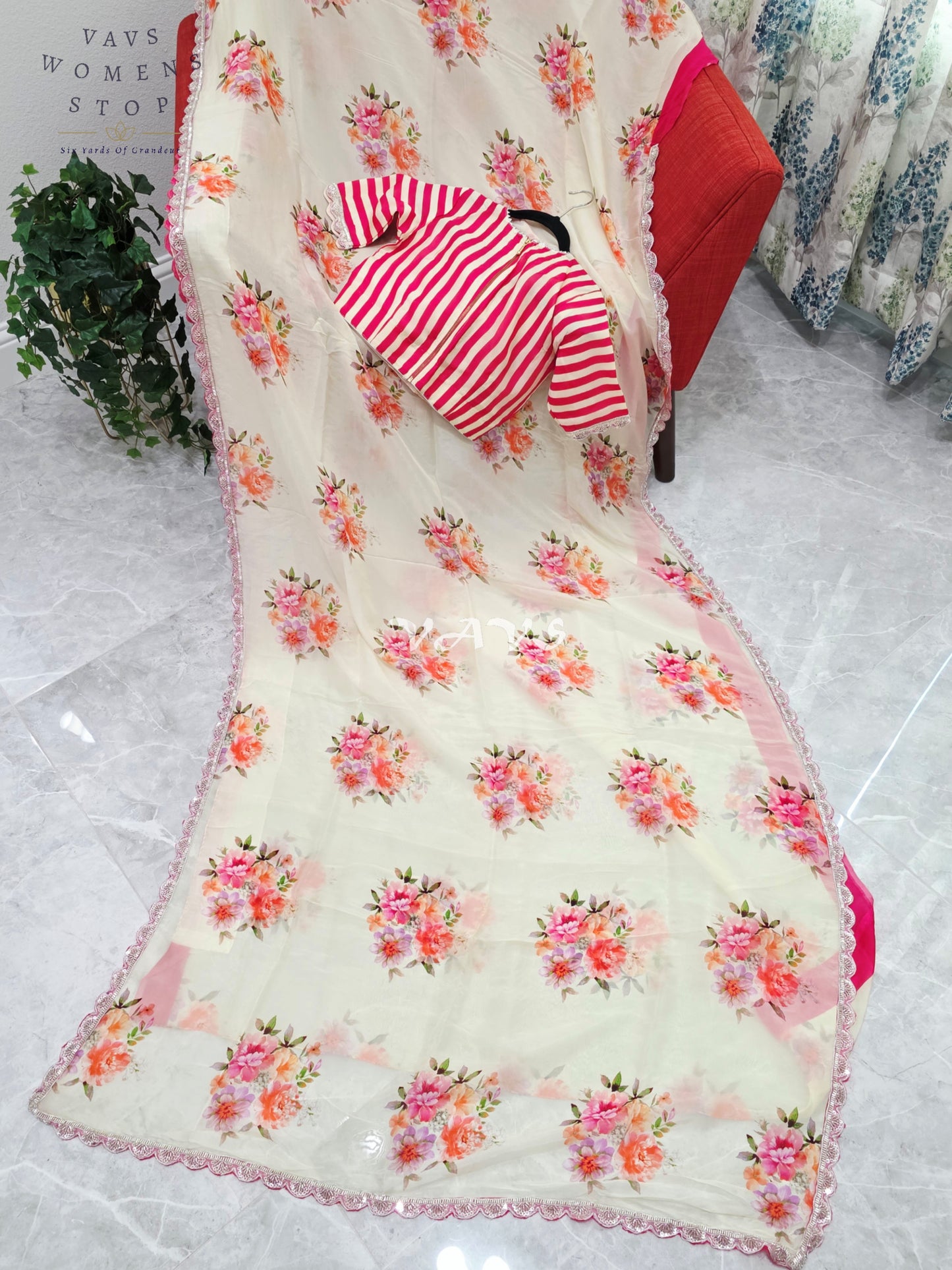 Royal Ivory Cream Pure Crepe Organza Floral Saree with Fuchsia Pink Striped Blouse & Scalloped Lace Border