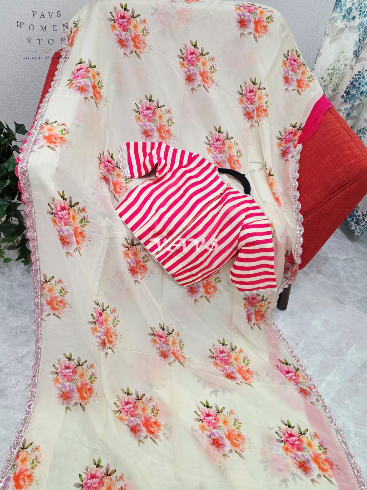 Royal Ivory Cream Pure Crepe Organza Floral Saree with Fuchsia Pink Striped Blouse & Scalloped Lace Border