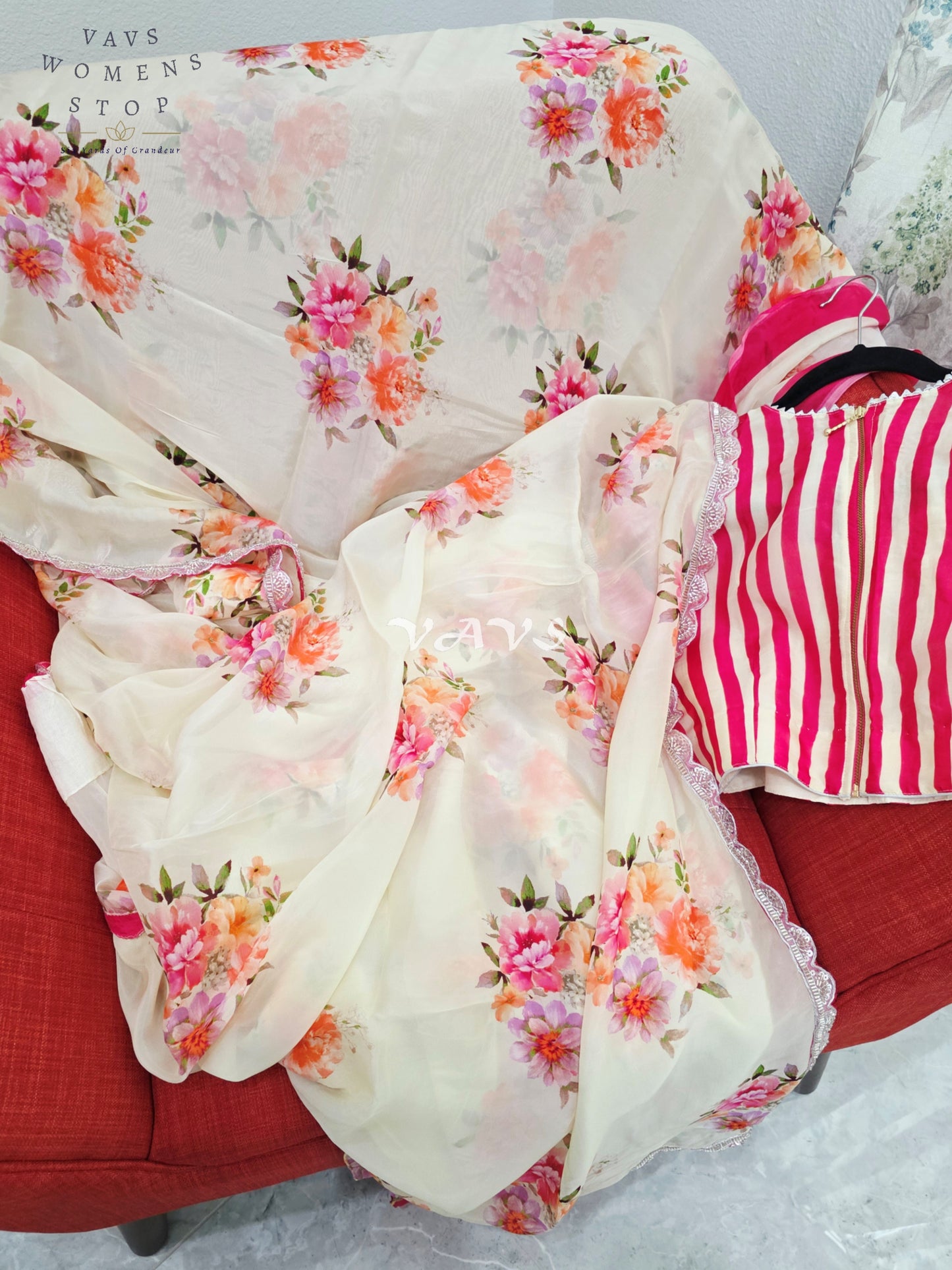 Royal Ivory Cream Pure Crepe Organza Floral Saree with Fuchsia Pink Striped Blouse & Scalloped Lace Border