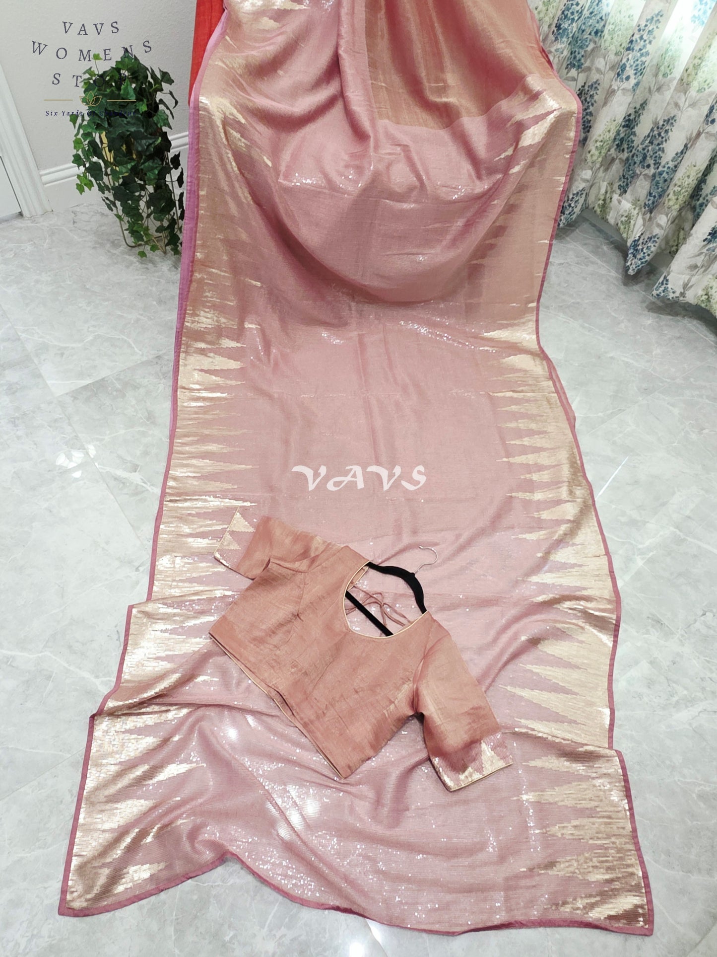 Royal Blush Rose Gold Tissue Saree with Champagne Gold Temple Border, Sequin Embellishments & Stitched Blouse Size 40–46