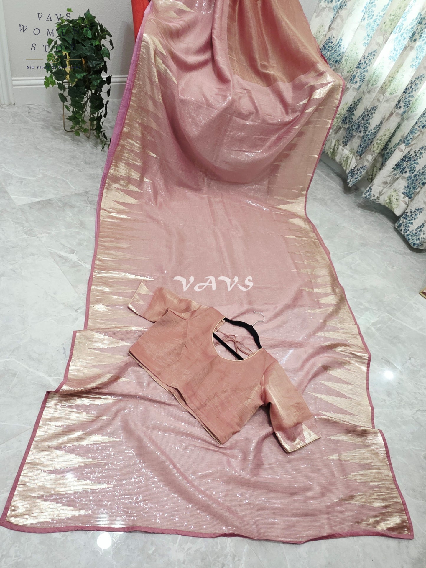 Royal Blush Rose Gold Tissue Saree with Champagne Gold Temple Border, Sequin Embellishments & Stitched Blouse Size 40–46