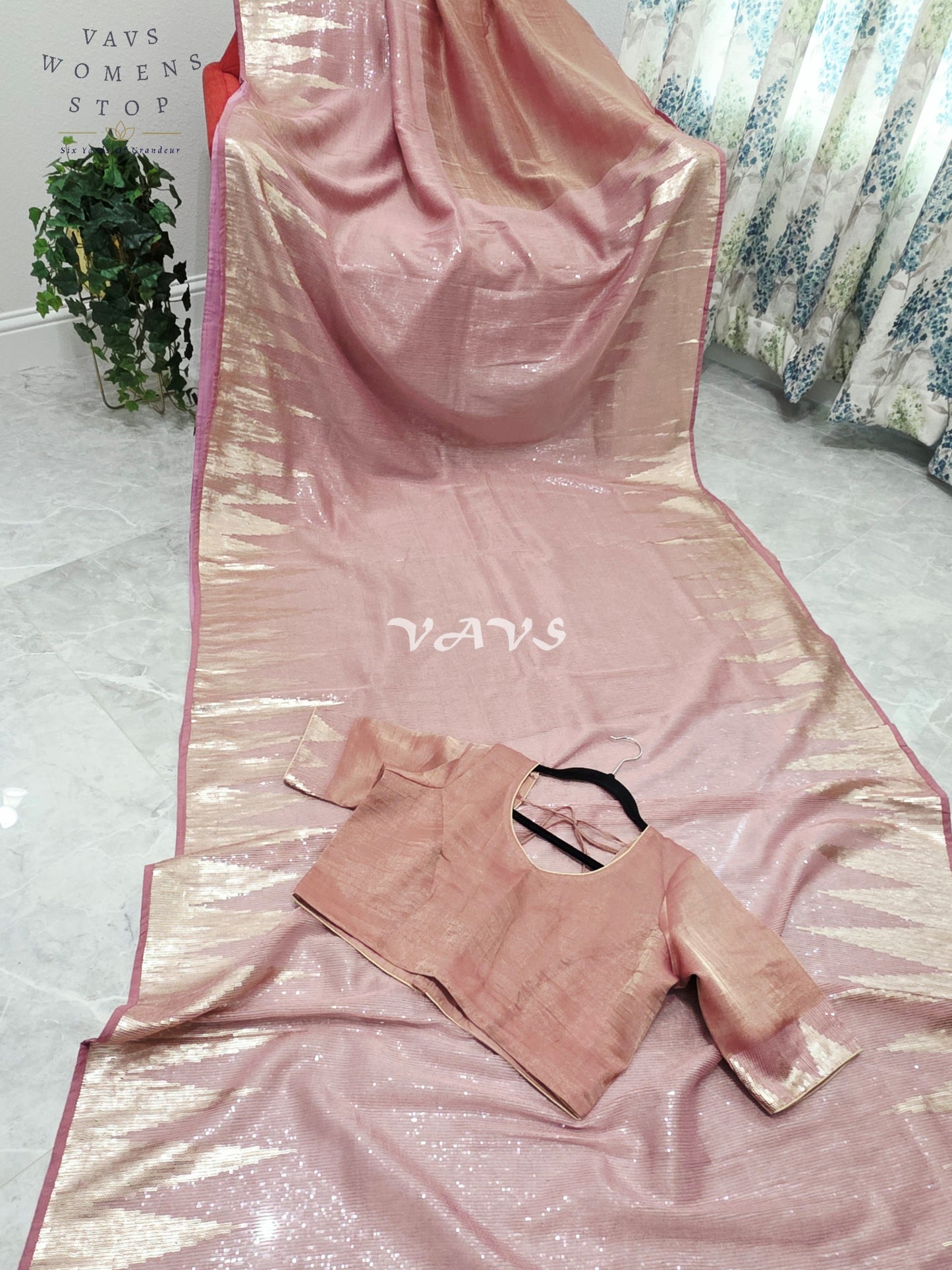Royal Blush Rose Gold Tissue Saree with Champagne Gold Temple Border, Sequin Embellishments & Stitched Blouse Size 40–46