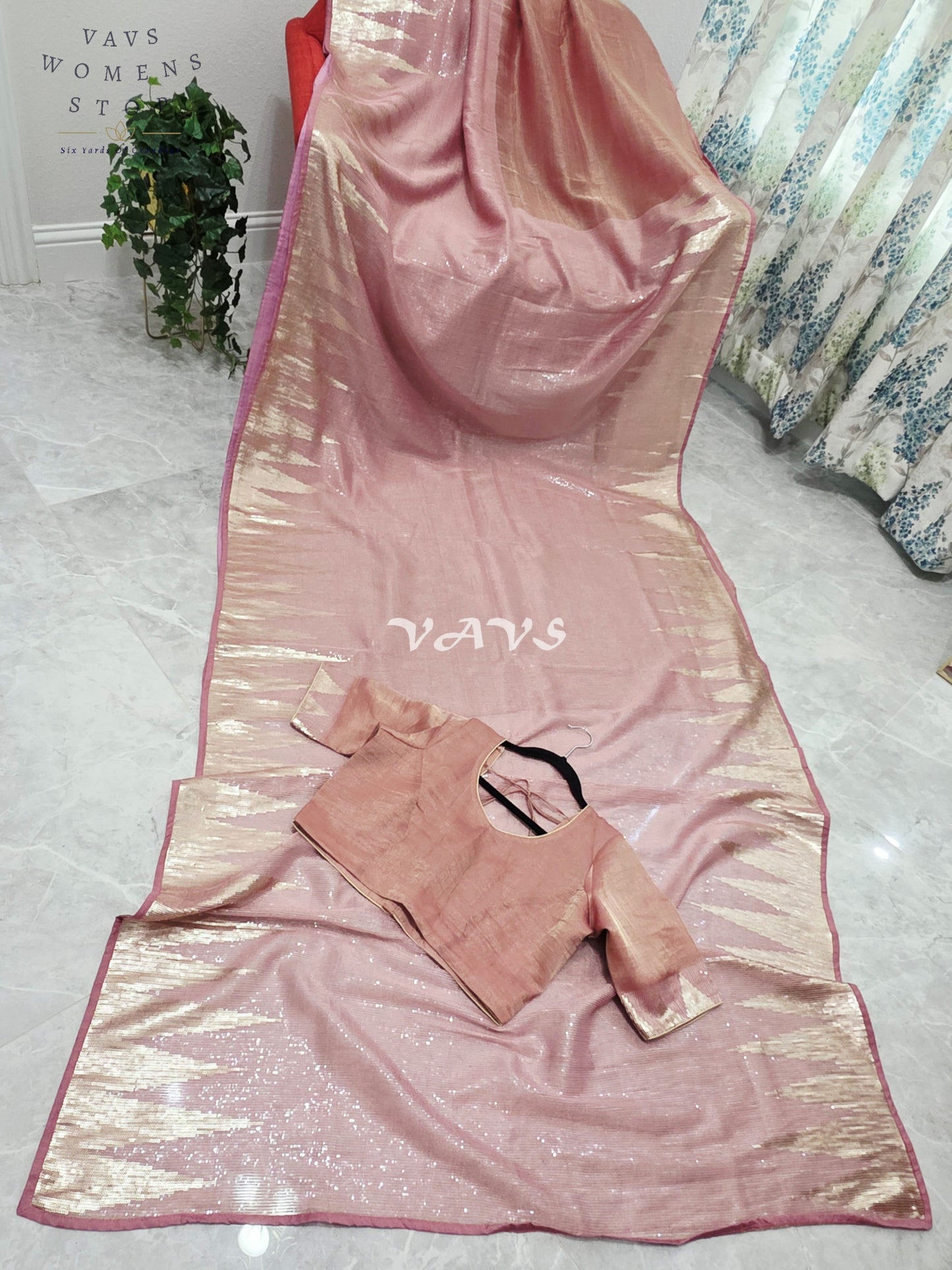 Royal Blush Rose Gold Tissue Saree with Champagne Gold Temple Border, Sequin Embellishments & Stitched Blouse Size 40–46