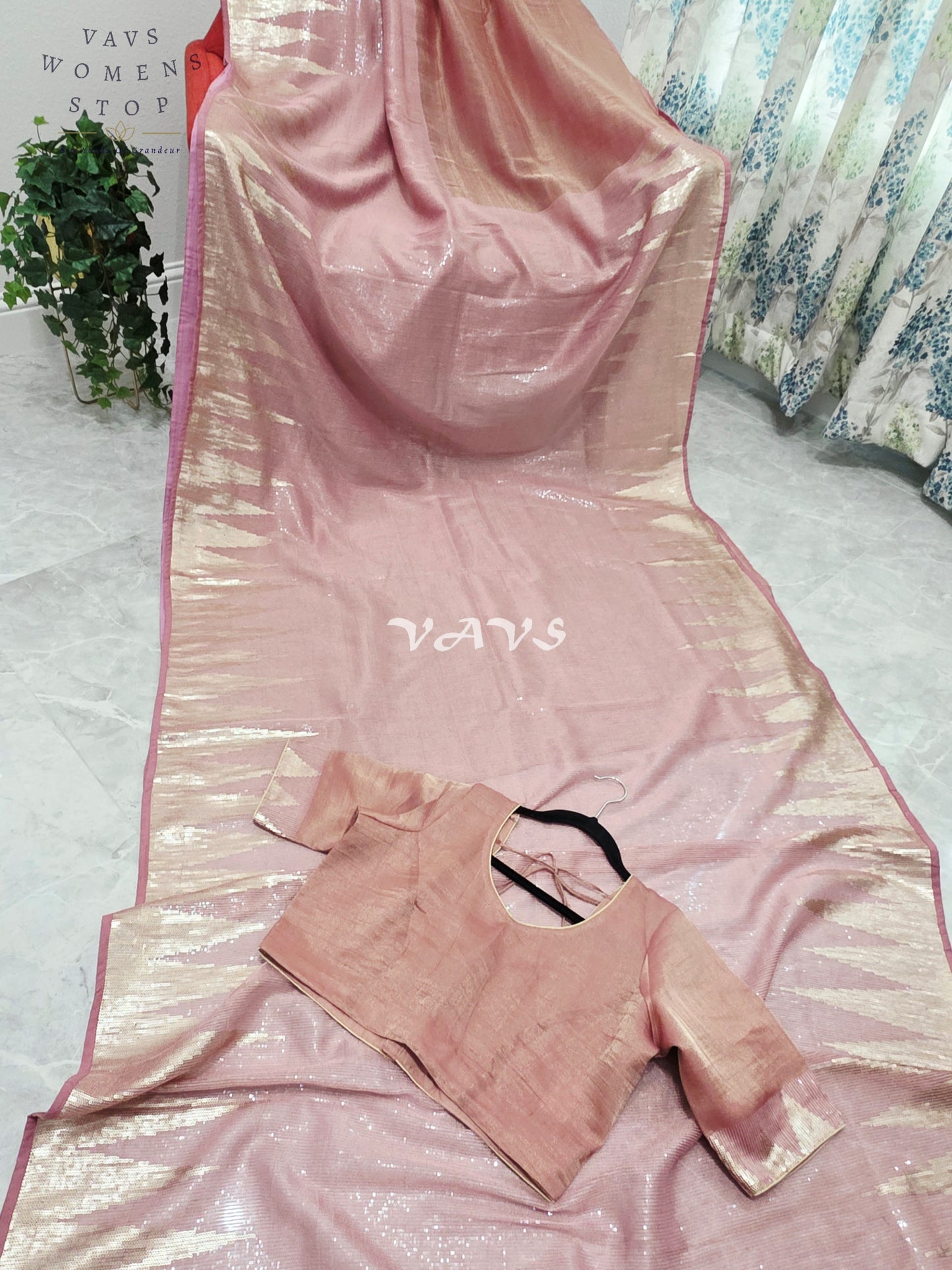 Royal Blush Rose Gold Tissue Saree with Champagne Gold Temple Border, Sequin Embellishments & Stitched Blouse Size 40–46