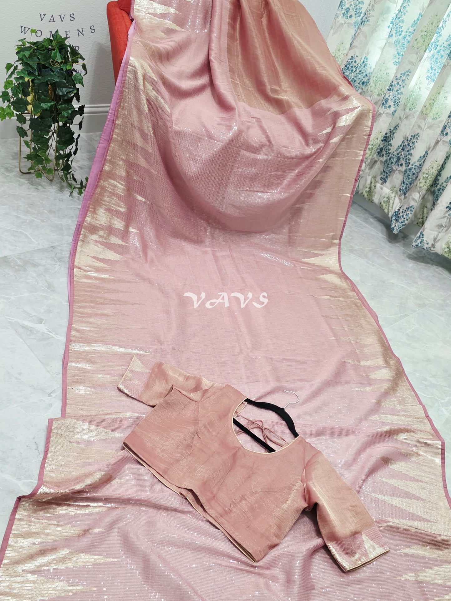 Royal Blush Rose Gold Tissue Saree with Champagne Gold Temple Border, Sequin Embellishments & Stitched Blouse Size 40–46