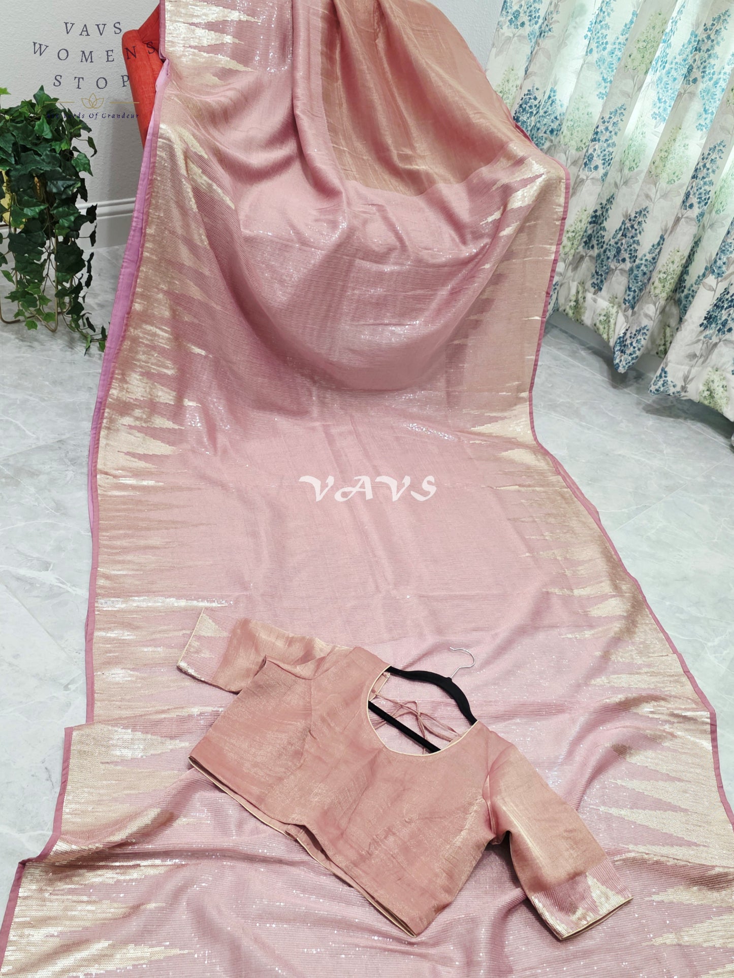 Royal Blush Rose Gold Tissue Saree with Champagne Gold Temple Border, Sequin Embellishments & Stitched Blouse Size 40–46