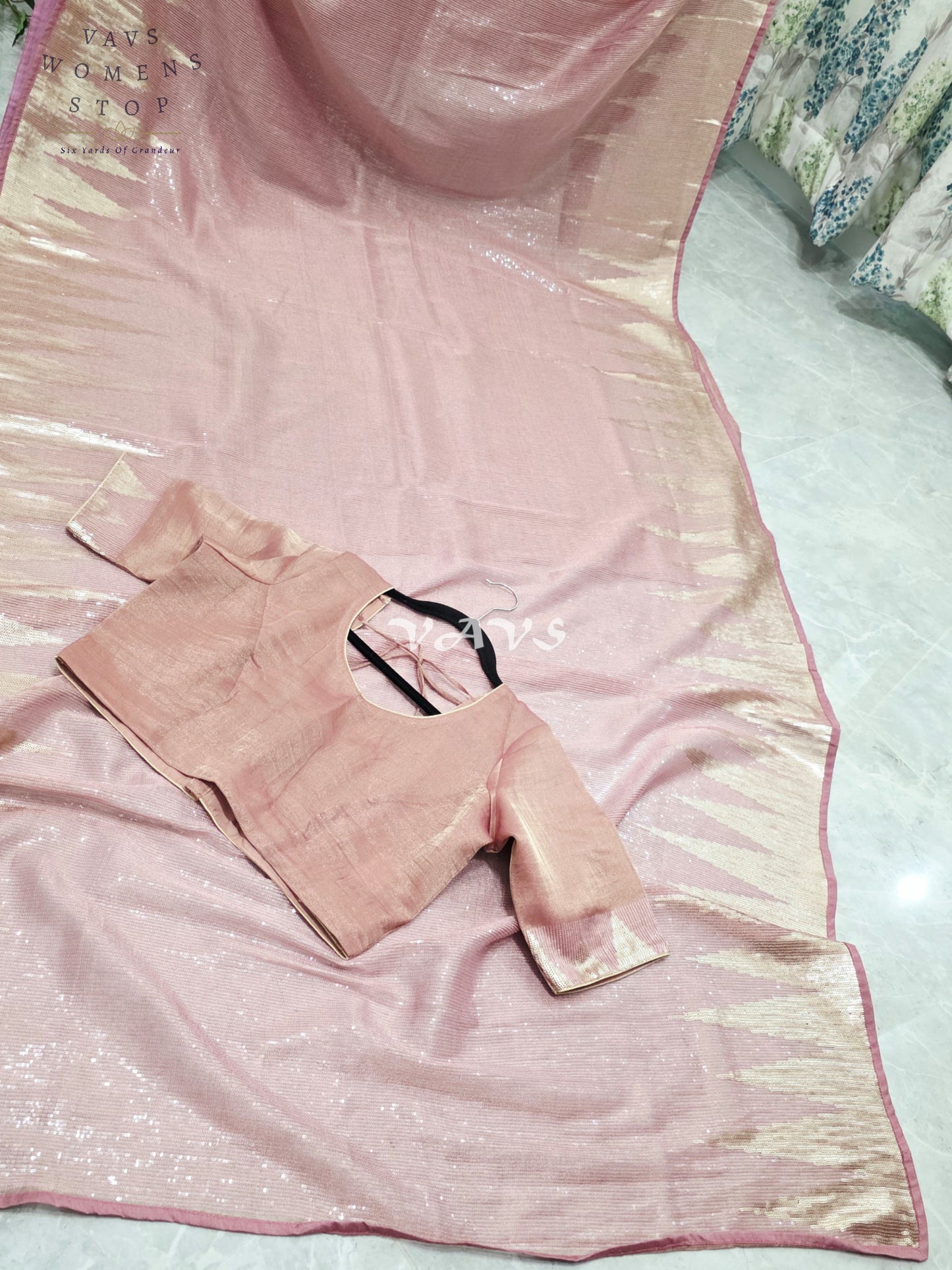 Royal Blush Rose Gold Tissue Saree with Champagne Gold Temple Border, Sequin Embellishments & Stitched Blouse Size 40–46