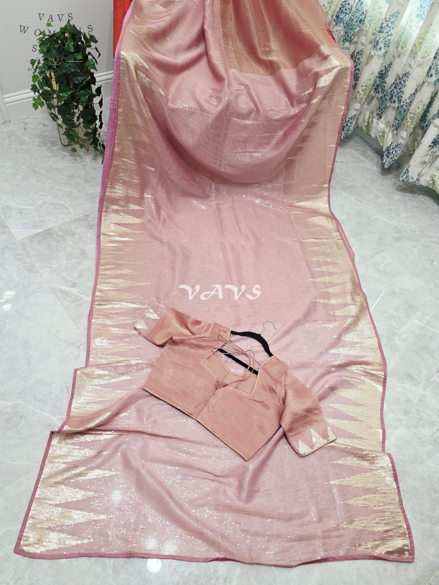 Royal Blush Rose Gold Tissue Saree with Champagne Gold Temple Border, Sequin Embellishments & Stitched Blouse Size 40–46