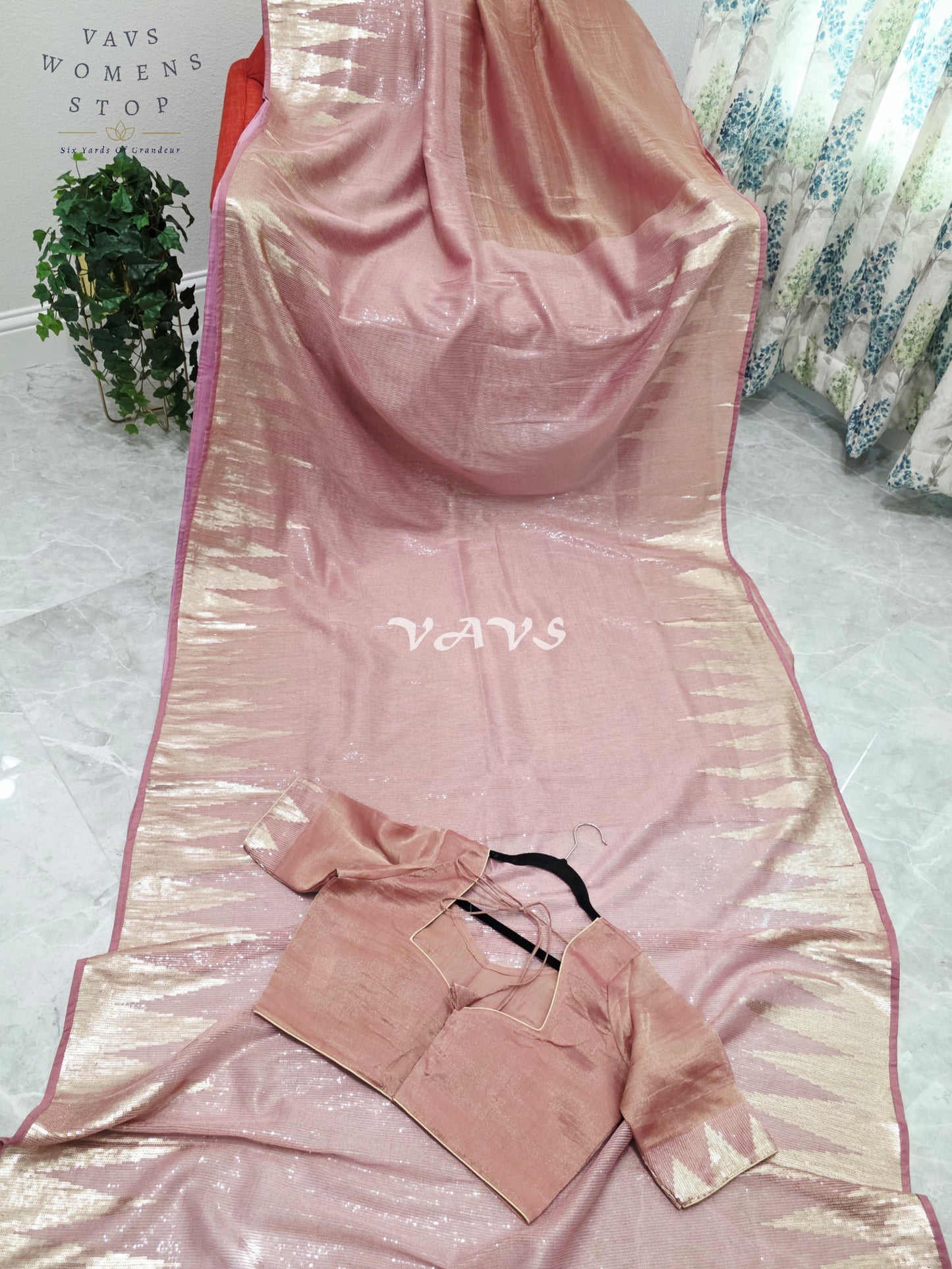 Royal Blush Rose Gold Tissue Saree with Champagne Gold Temple Border, Sequin Embellishments & Stitched Blouse Size 40–46