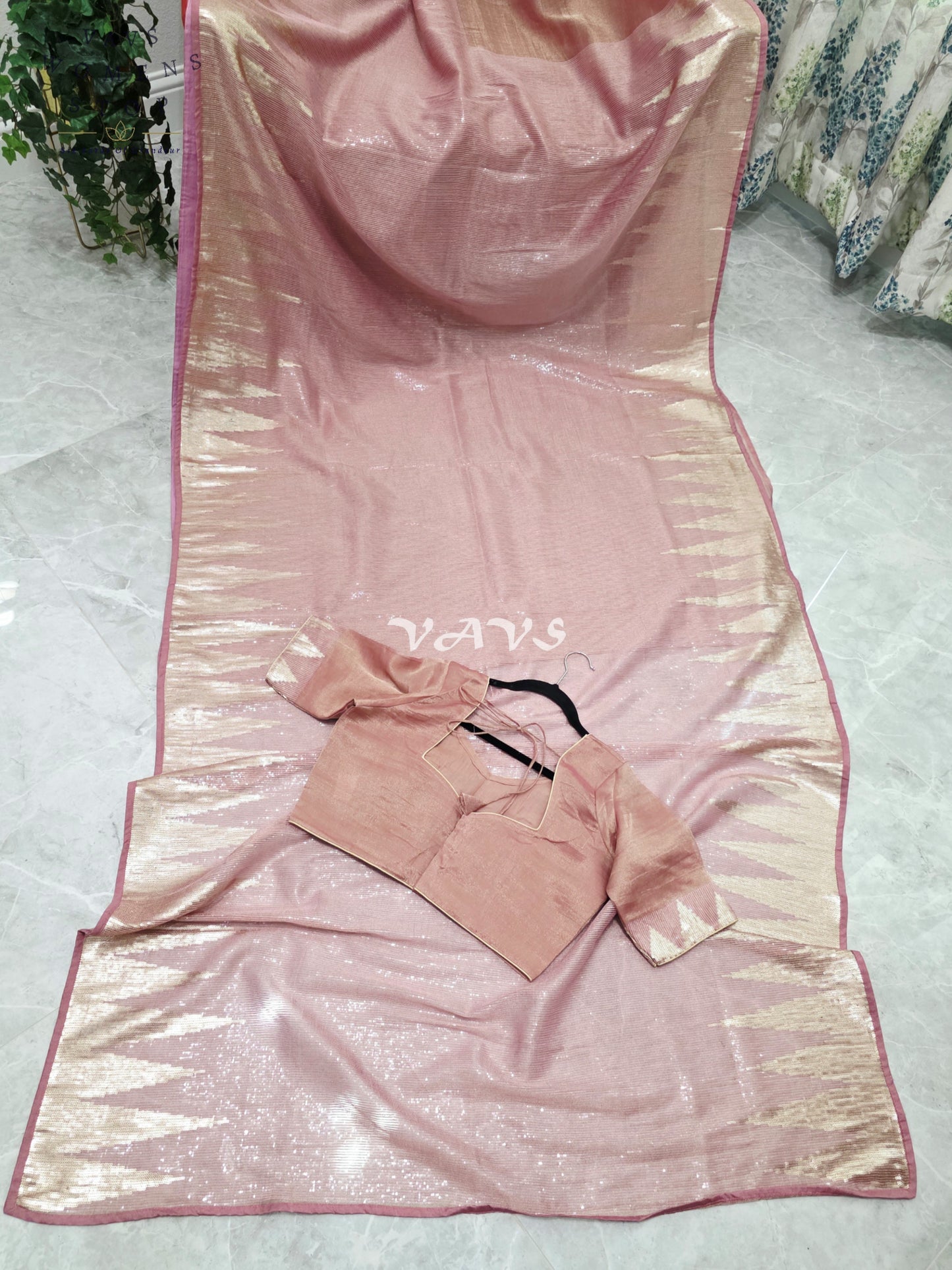 Royal Blush Rose Gold Tissue Saree with Champagne Gold Temple Border, Sequin Embellishments & Stitched Blouse Size 40–46