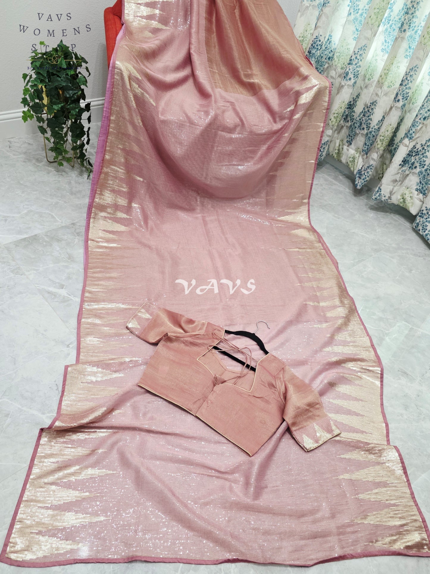 Royal Blush Rose Gold Tissue Saree with Champagne Gold Temple Border, Sequin Embellishments & Stitched Blouse Size 40–46