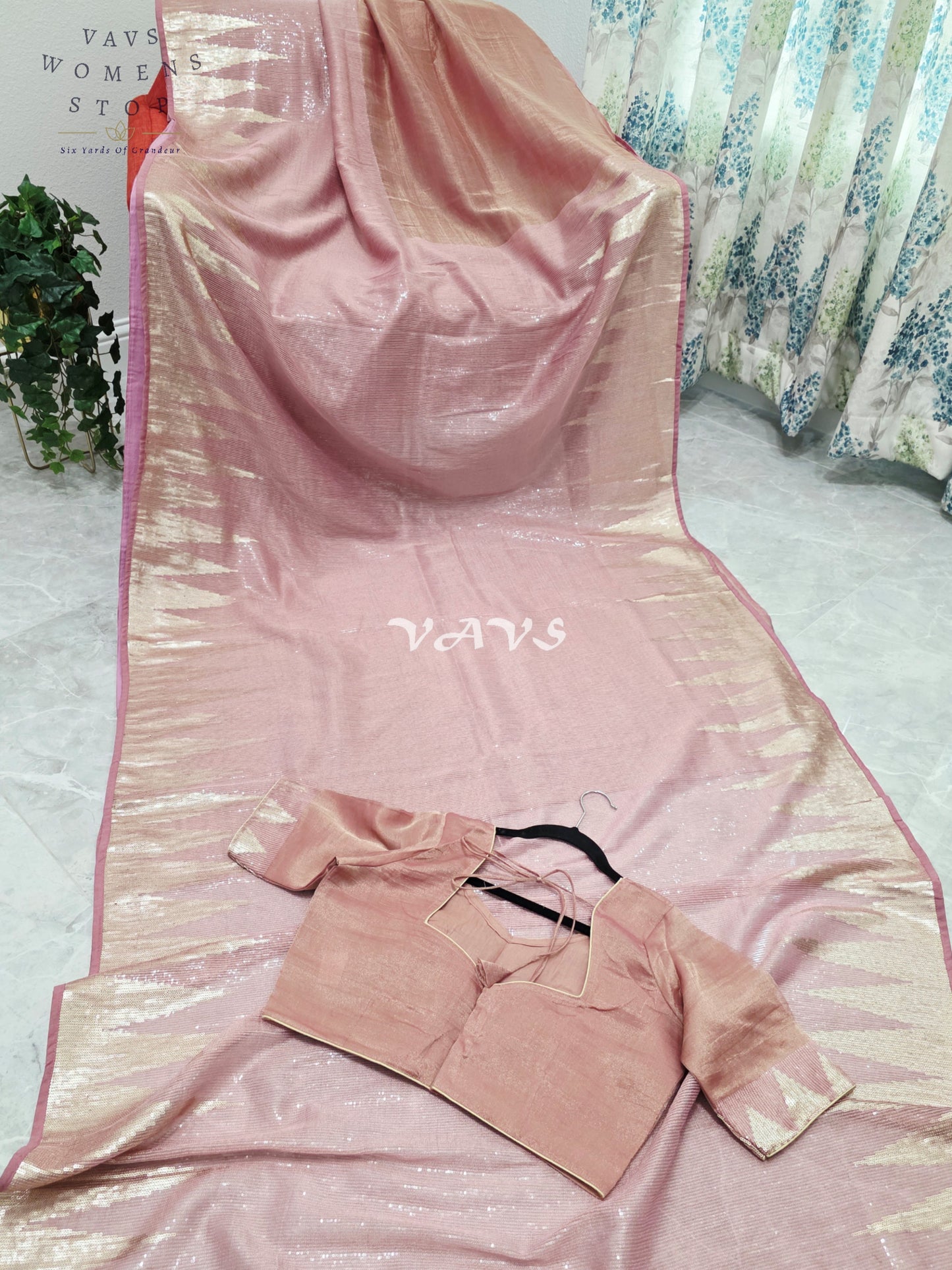 Royal Blush Rose Gold Tissue Saree with Champagne Gold Temple Border, Sequin Embellishments & Stitched Blouse Size 40–46