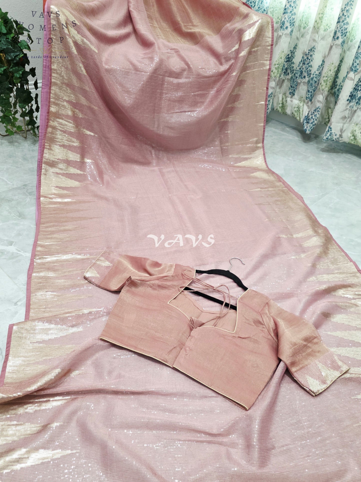 Royal Blush Rose Gold Tissue Saree with Champagne Gold Temple Border, Sequin Embellishments & Stitched Blouse Size 40–46