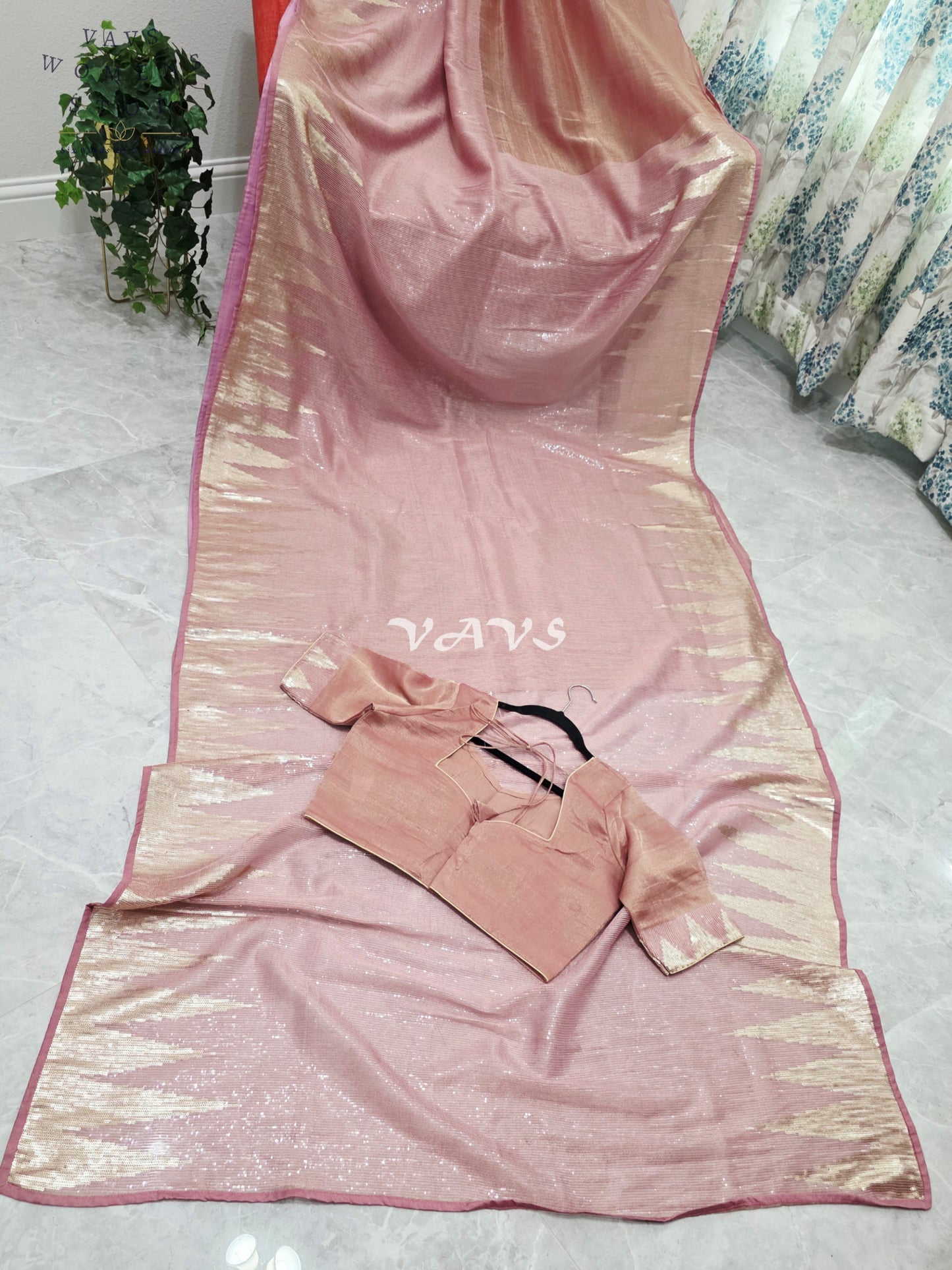 Royal Blush Rose Gold Tissue Saree with Champagne Gold Temple Border, Sequin Embellishments & Stitched Blouse Size 40–46
