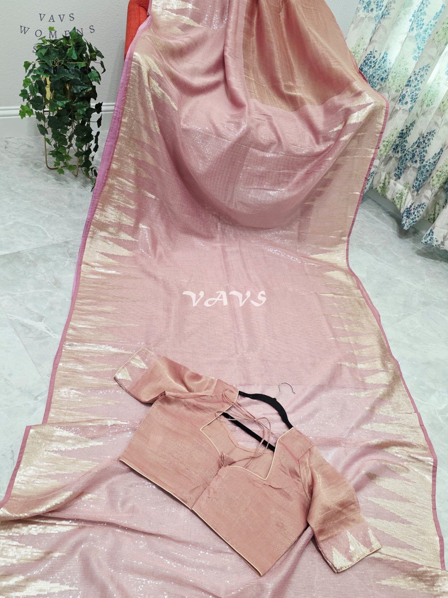 Royal Blush Rose Gold Tissue Saree with Champagne Gold Temple Border, Sequin Embellishments & Stitched Blouse Size 40–46