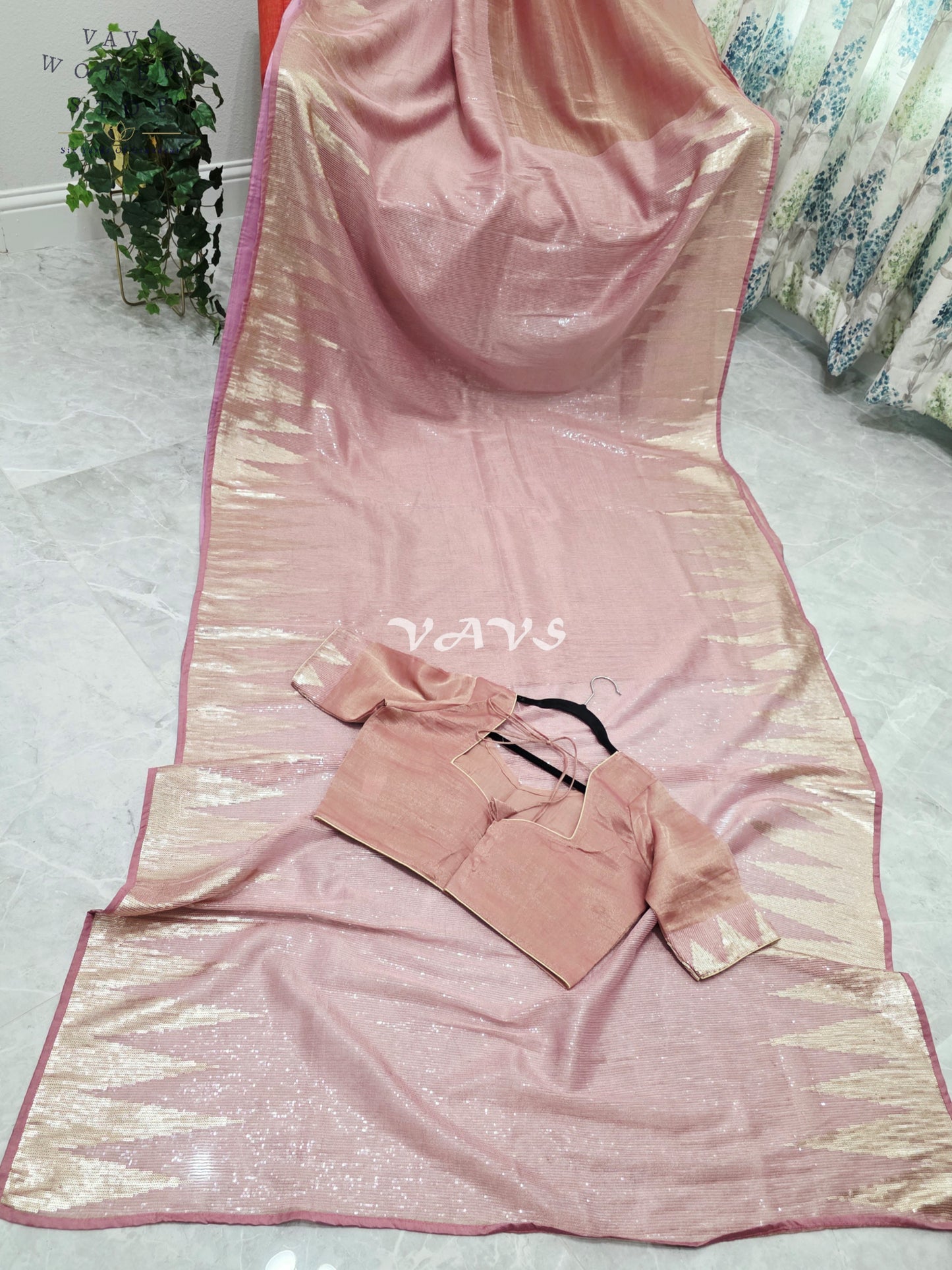 Royal Blush Rose Gold Tissue Saree with Champagne Gold Temple Border, Sequin Embellishments & Stitched Blouse Size 40–46