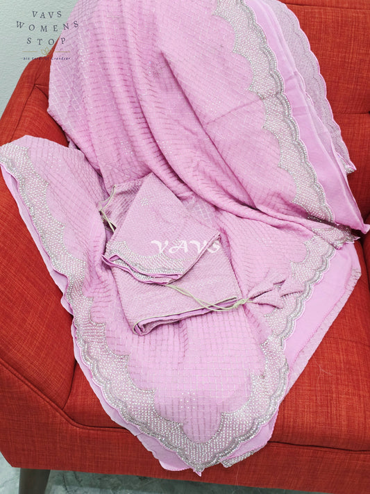 Royal Lavender Blush Pink Pearl-Embellished Georgette Cocktail Saree with Silver Scalloped Border & Stitched Blouse Size 38–44