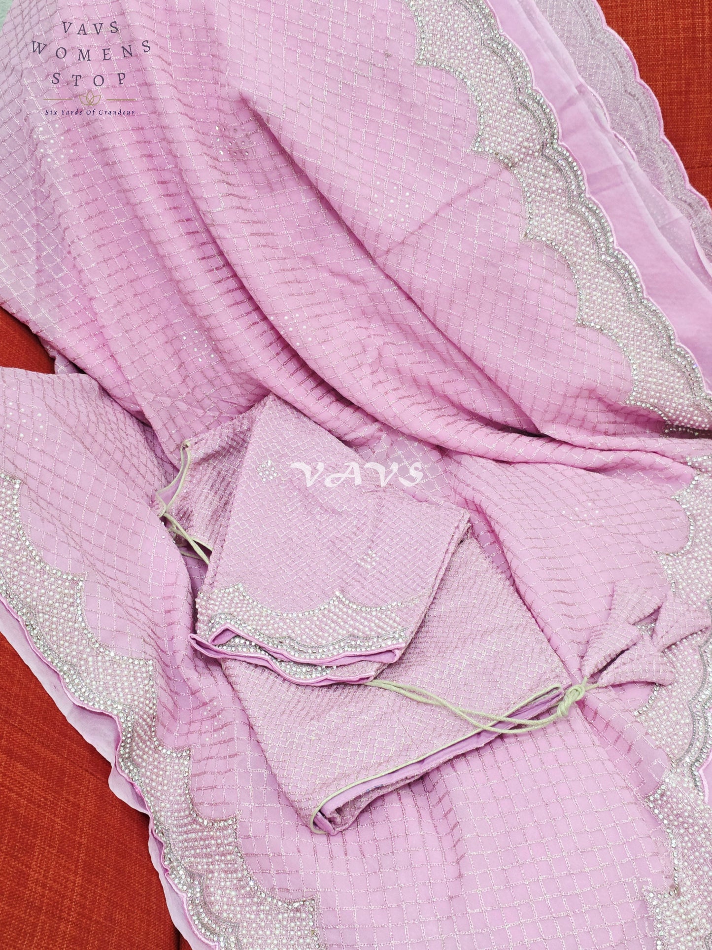 Royal Lavender Blush Pink Pearl-Embellished Georgette Cocktail Saree with Silver Scalloped Border & Stitched Blouse Size 38–44