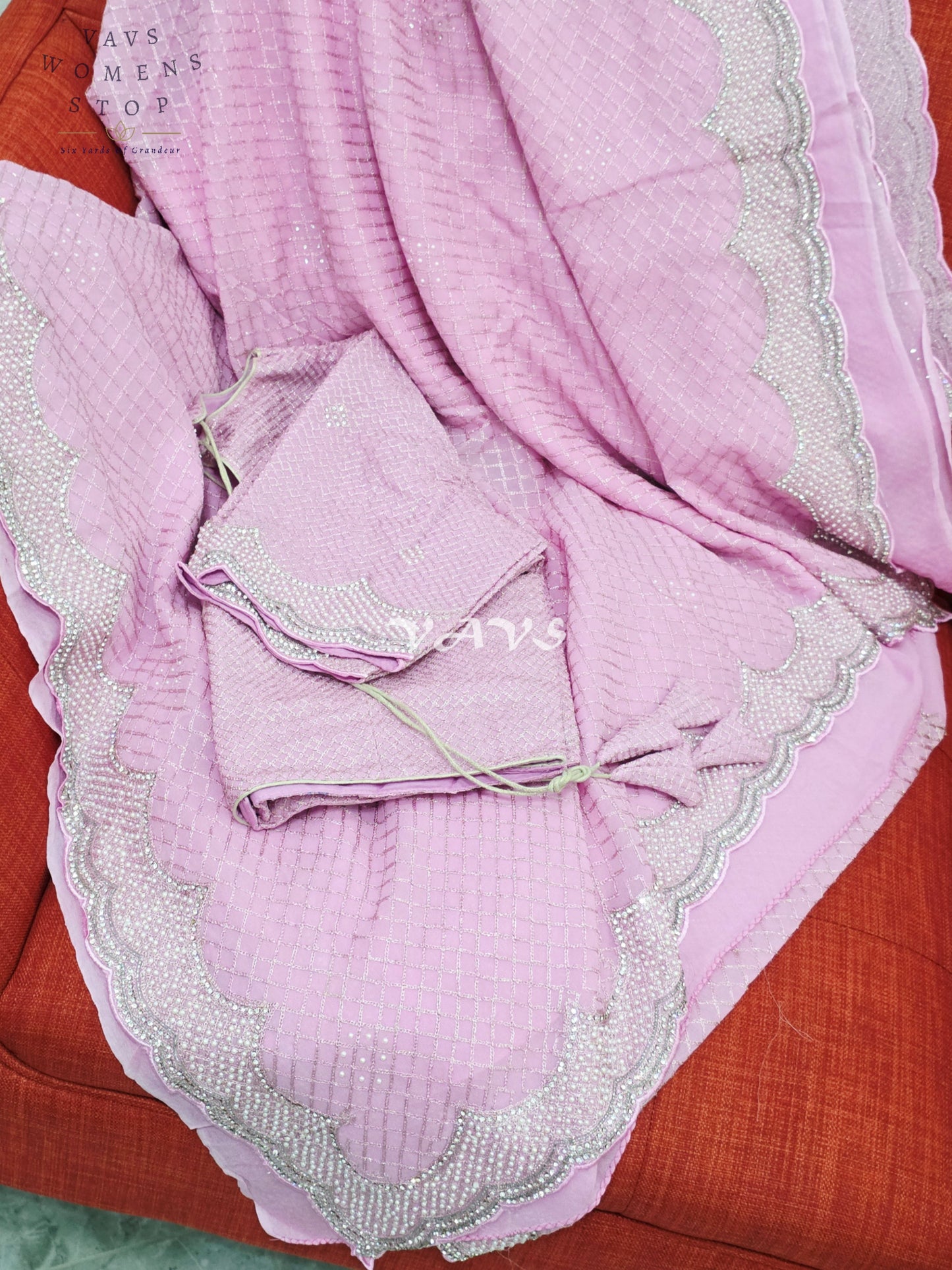 Royal Lavender Blush Pink Pearl-Embellished Georgette Cocktail Saree with Silver Scalloped Border & Stitched Blouse Size 38–44