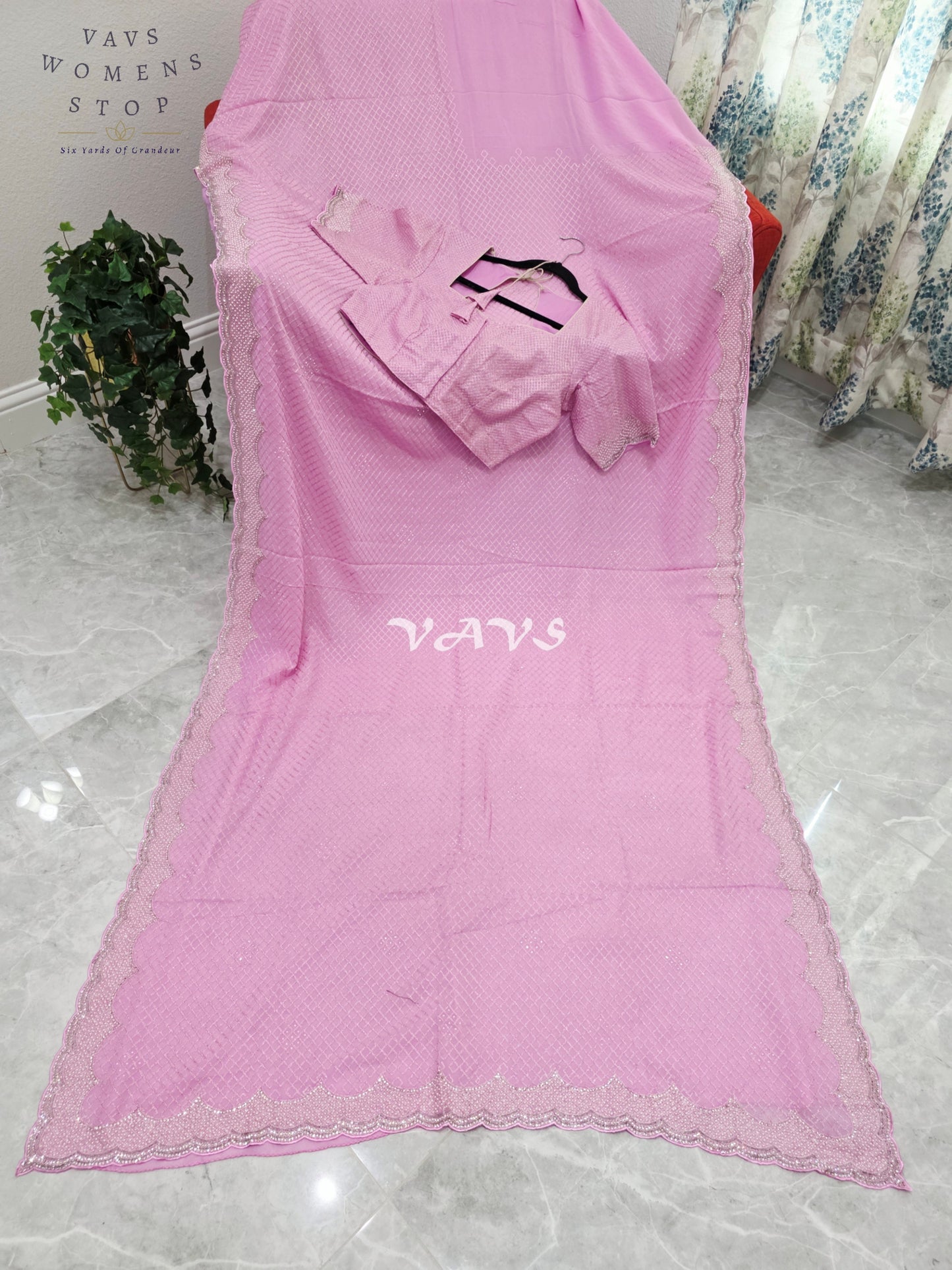 Royal Lavender Blush Pink Pearl-Embellished Georgette Cocktail Saree with Silver Scalloped Border & Stitched Blouse Size 38–44