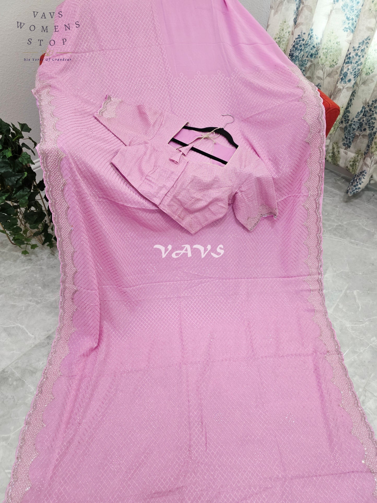 Royal Lavender Blush Pink Pearl-Embellished Georgette Cocktail Saree with Silver Scalloped Border & Stitched Blouse Size 38–44