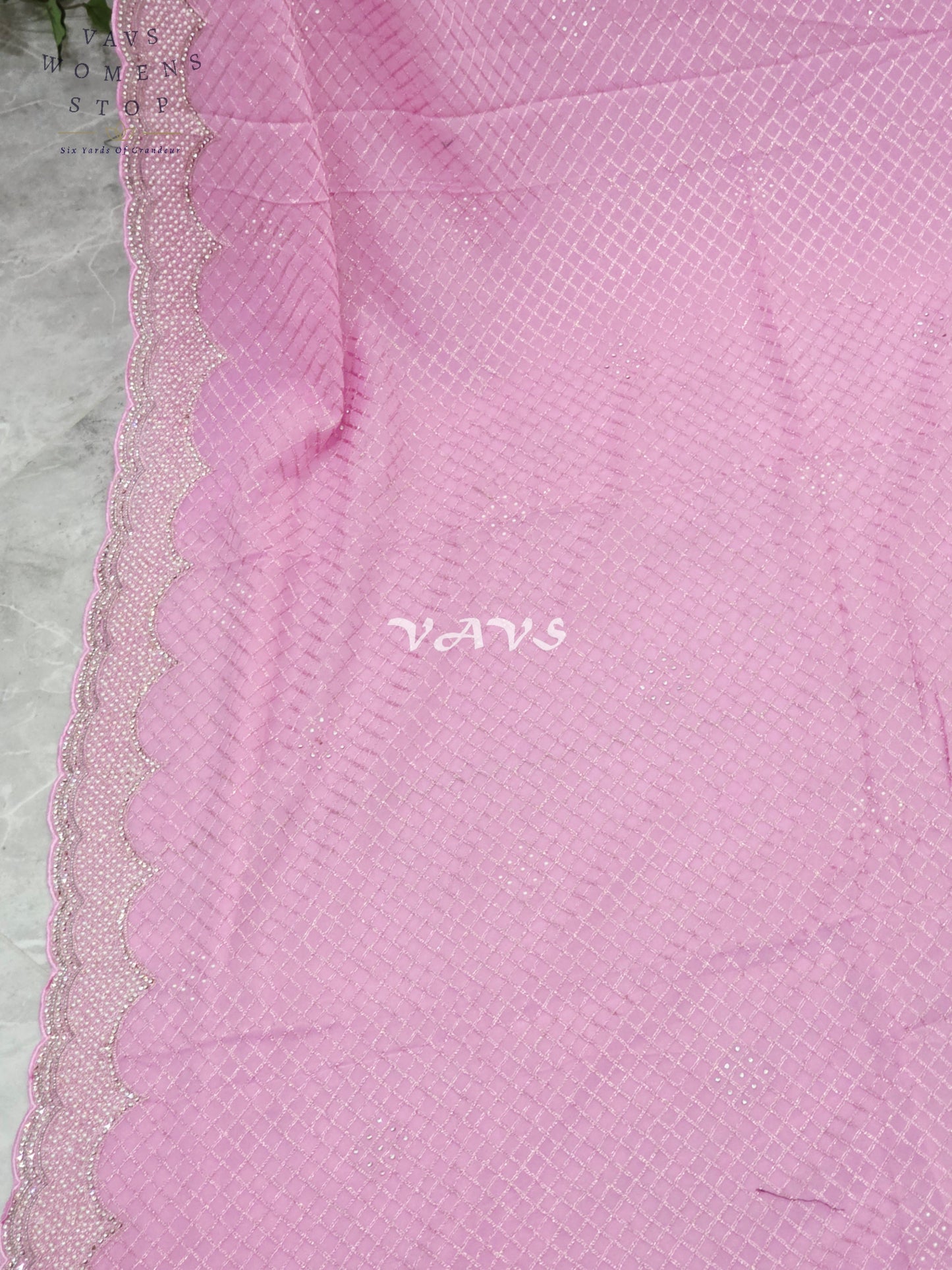 Royal Lavender Blush Pink Pearl-Embellished Georgette Cocktail Saree with Silver Scalloped Border & Stitched Blouse Size 38–44