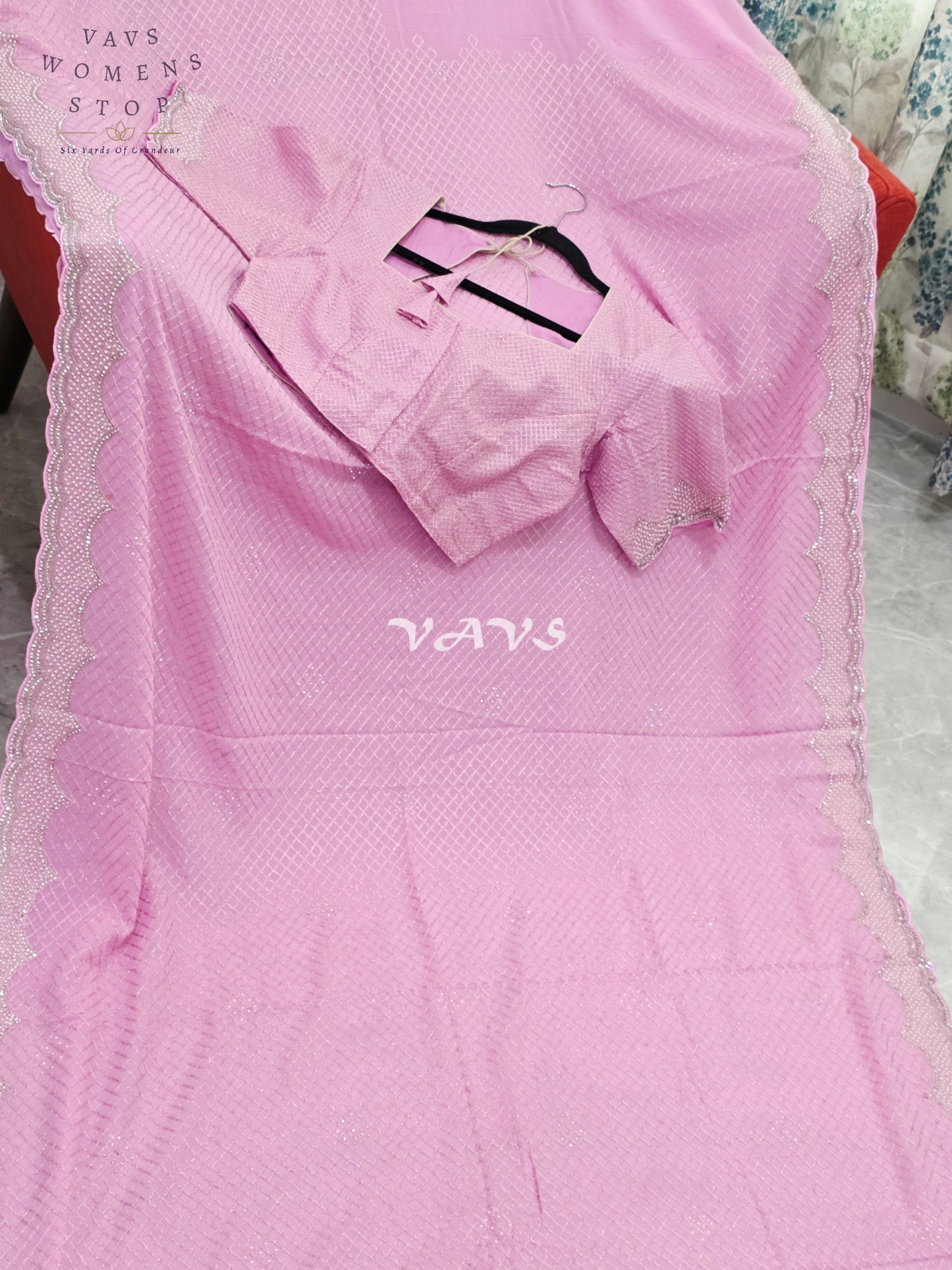 Royal Lavender Blush Pink Pearl-Embellished Georgette Cocktail Saree with Silver Scalloped Border & Stitched Blouse Size 38–44
