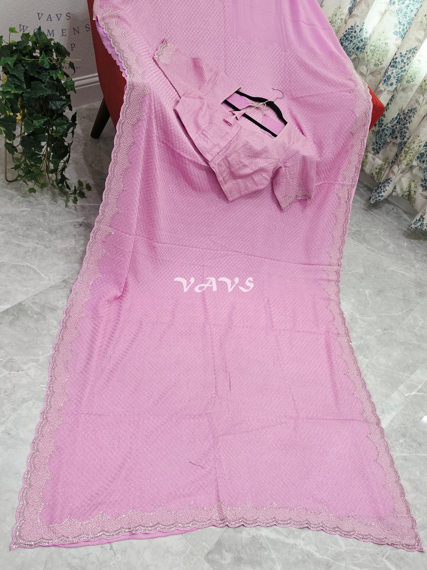 Royal Lavender Blush Pink Pearl-Embellished Georgette Cocktail Saree with Silver Scalloped Border & Stitched Blouse Size 38–44