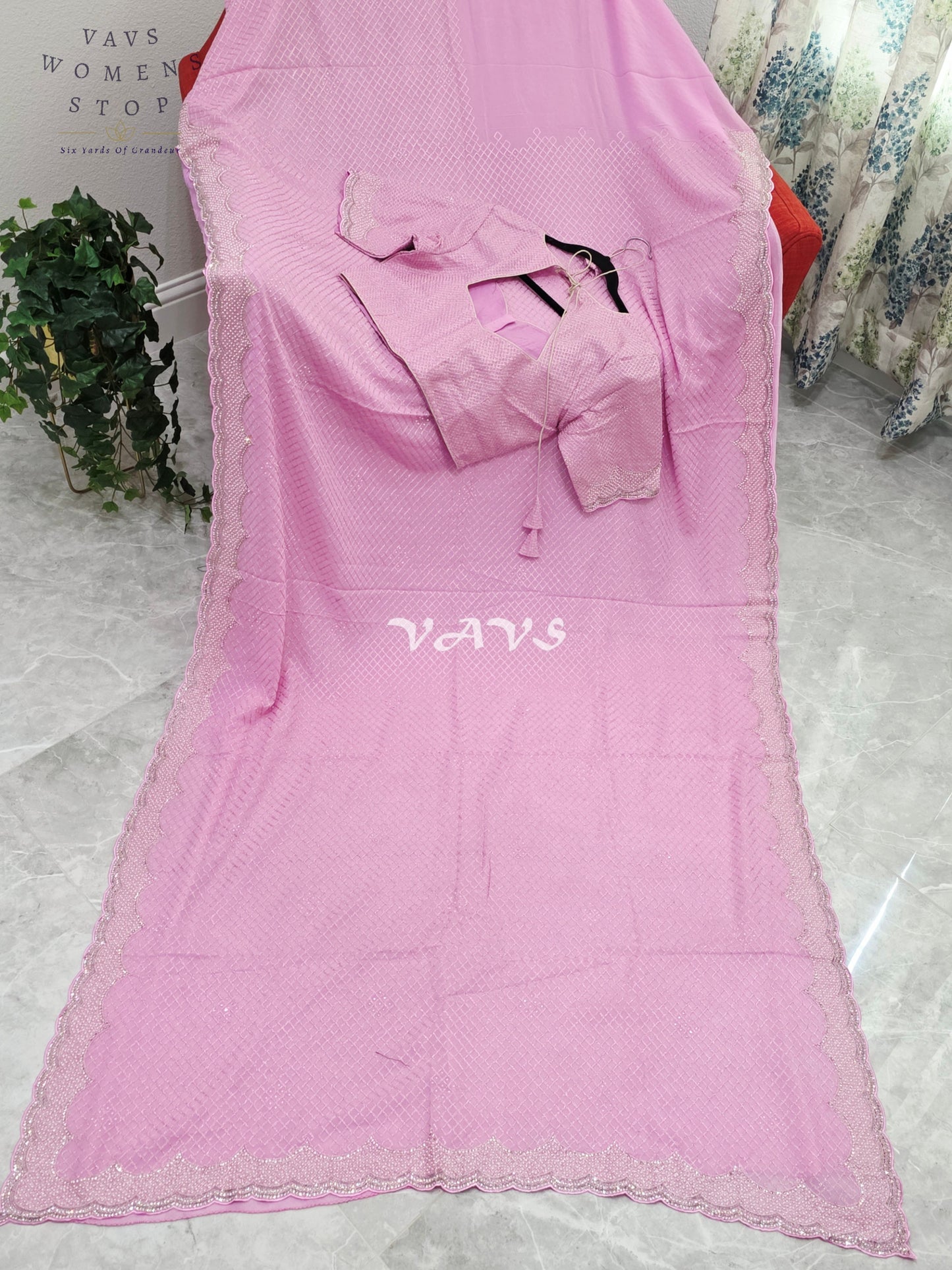 Royal Lavender Blush Pink Pearl-Embellished Georgette Cocktail Saree with Silver Scalloped Border & Stitched Blouse Size 38–44