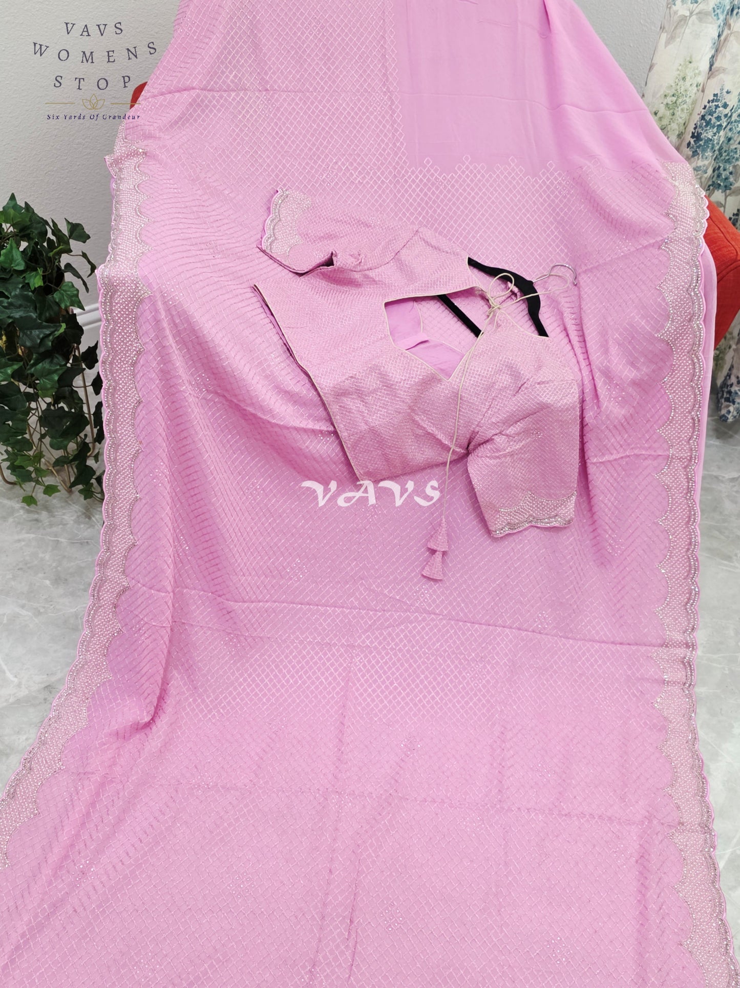 Royal Lavender Blush Pink Pearl-Embellished Georgette Cocktail Saree with Silver Scalloped Border & Stitched Blouse Size 38–44