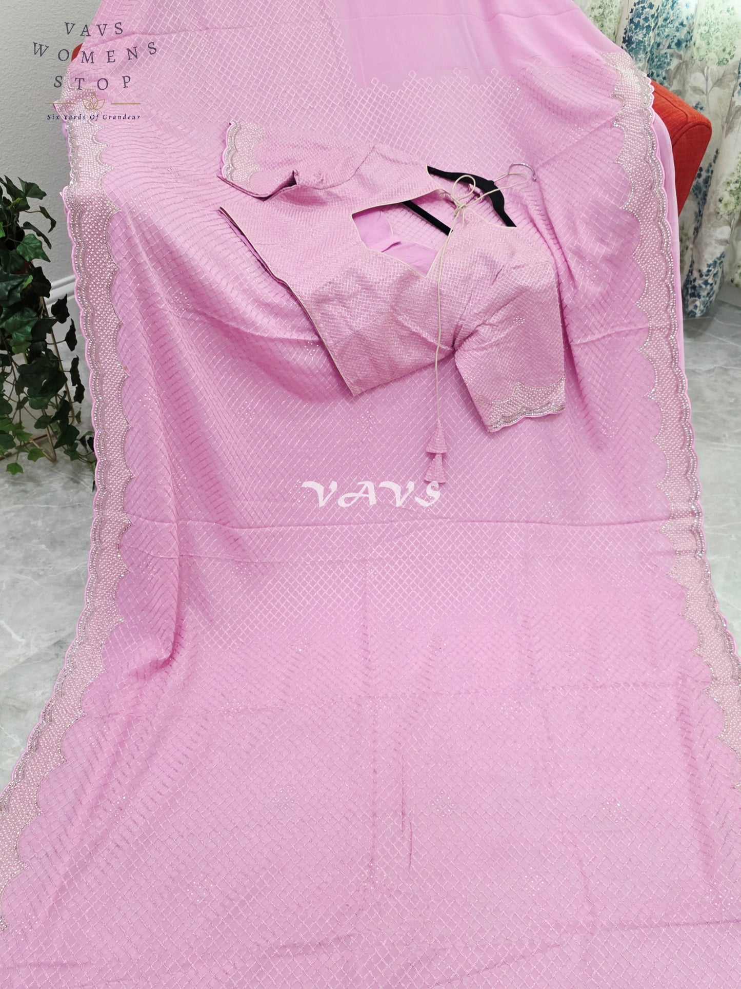 Royal Lavender Blush Pink Pearl-Embellished Georgette Cocktail Saree with Silver Scalloped Border & Stitched Blouse Size 38–44