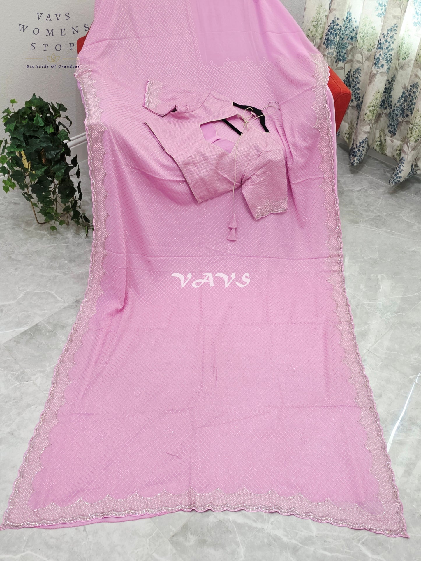 Royal Lavender Blush Pink Pearl-Embellished Georgette Cocktail Saree with Silver Scalloped Border & Stitched Blouse Size 38–44