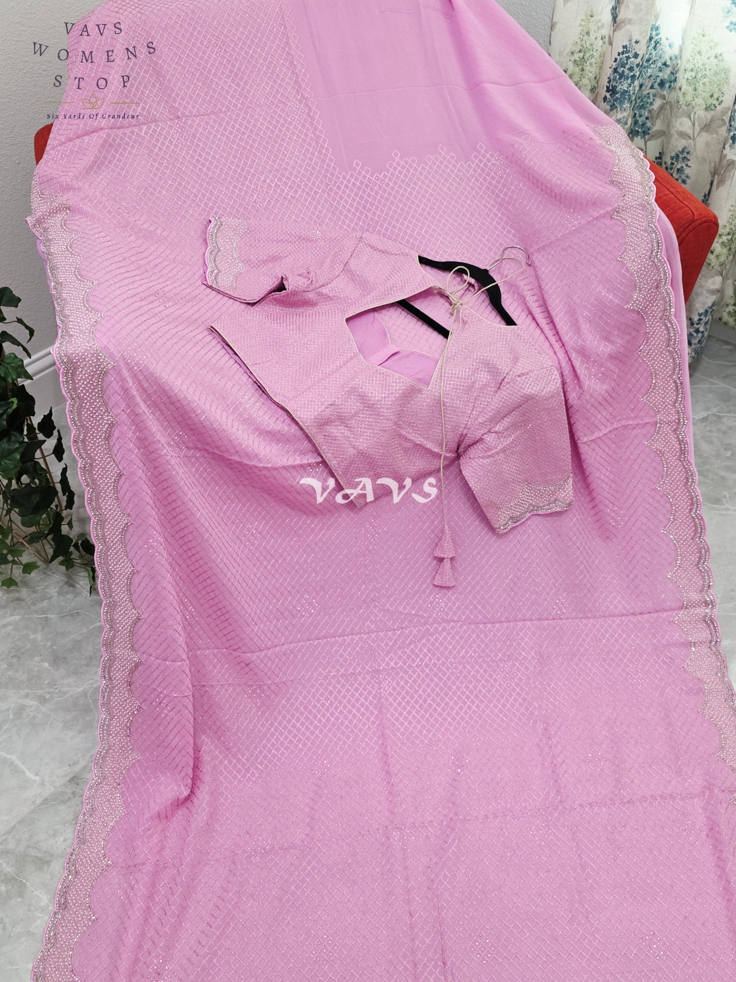 Royal Lavender Blush Pink Pearl-Embellished Georgette Cocktail Saree with Silver Scalloped Border & Stitched Blouse Size 38–44