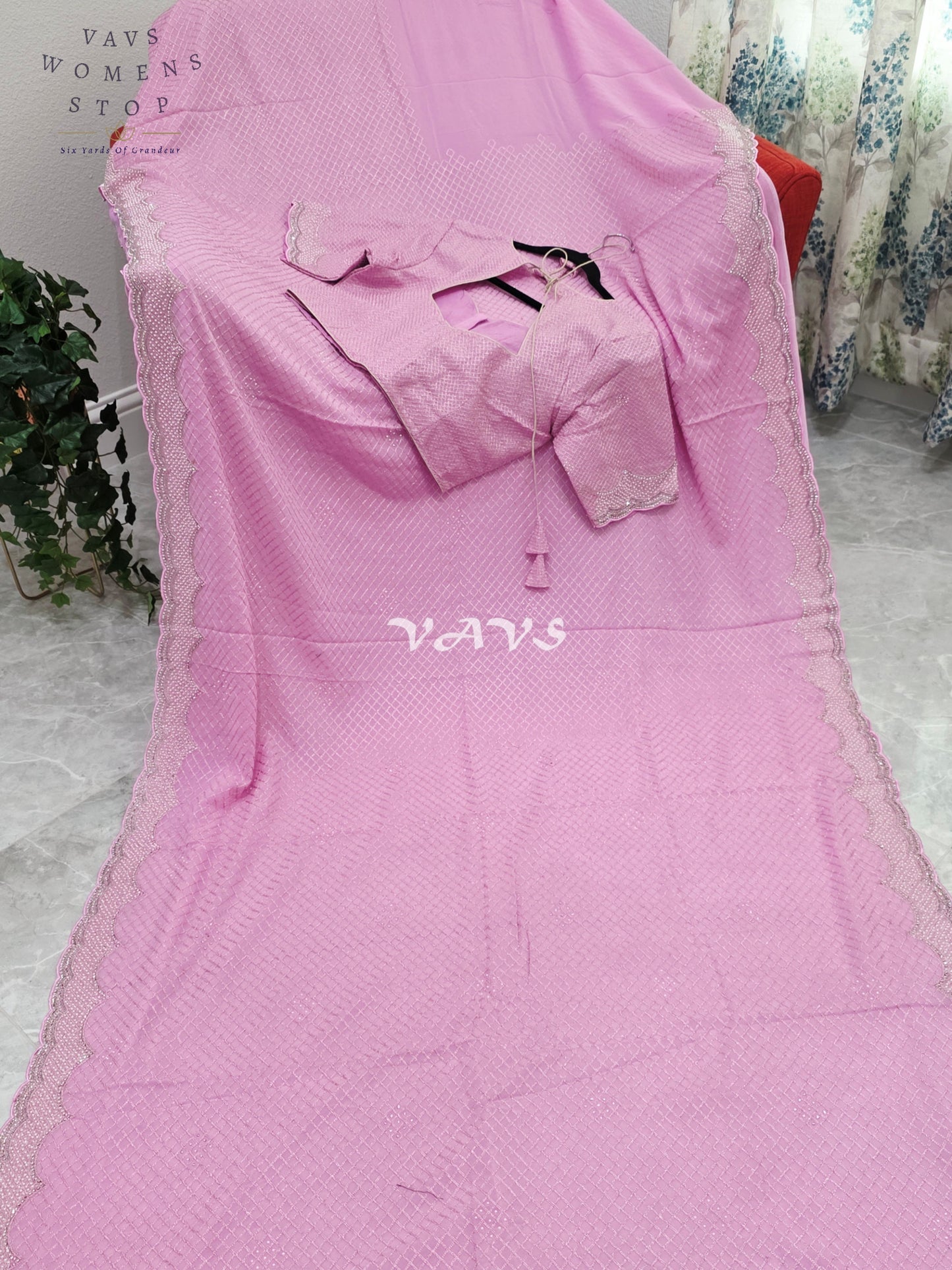Royal Lavender Blush Pink Pearl-Embellished Georgette Cocktail Saree with Silver Scalloped Border & Stitched Blouse Size 38–44